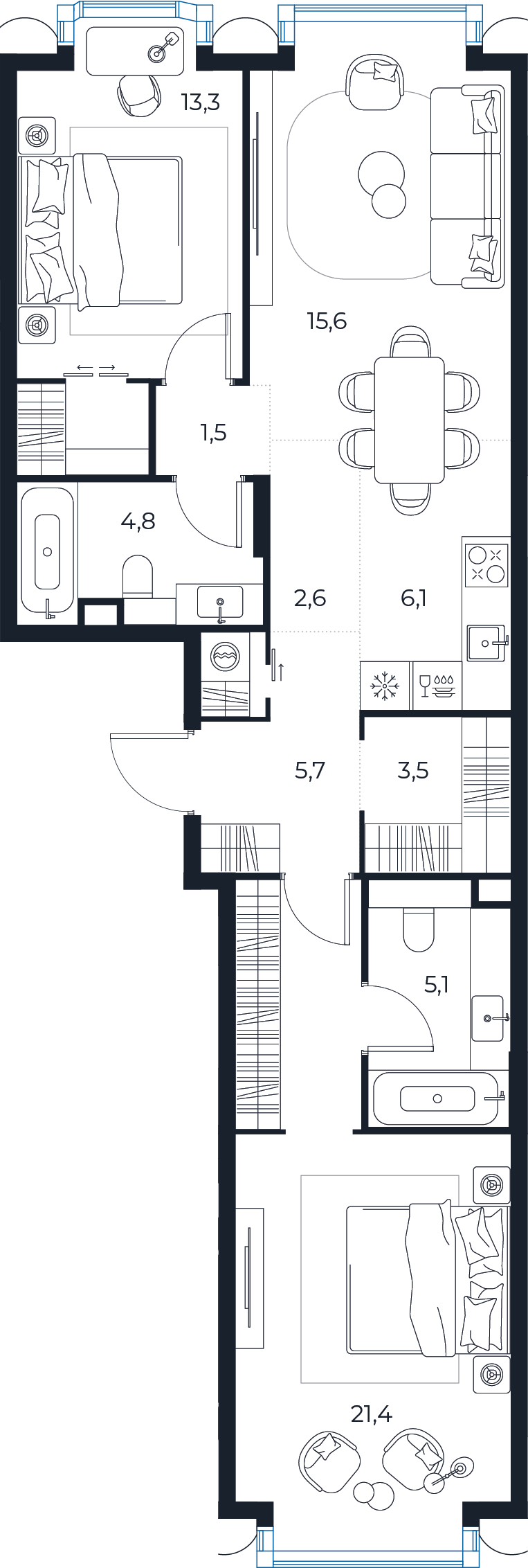 Планировка: 2-комнатная квартира, 79,6 м²