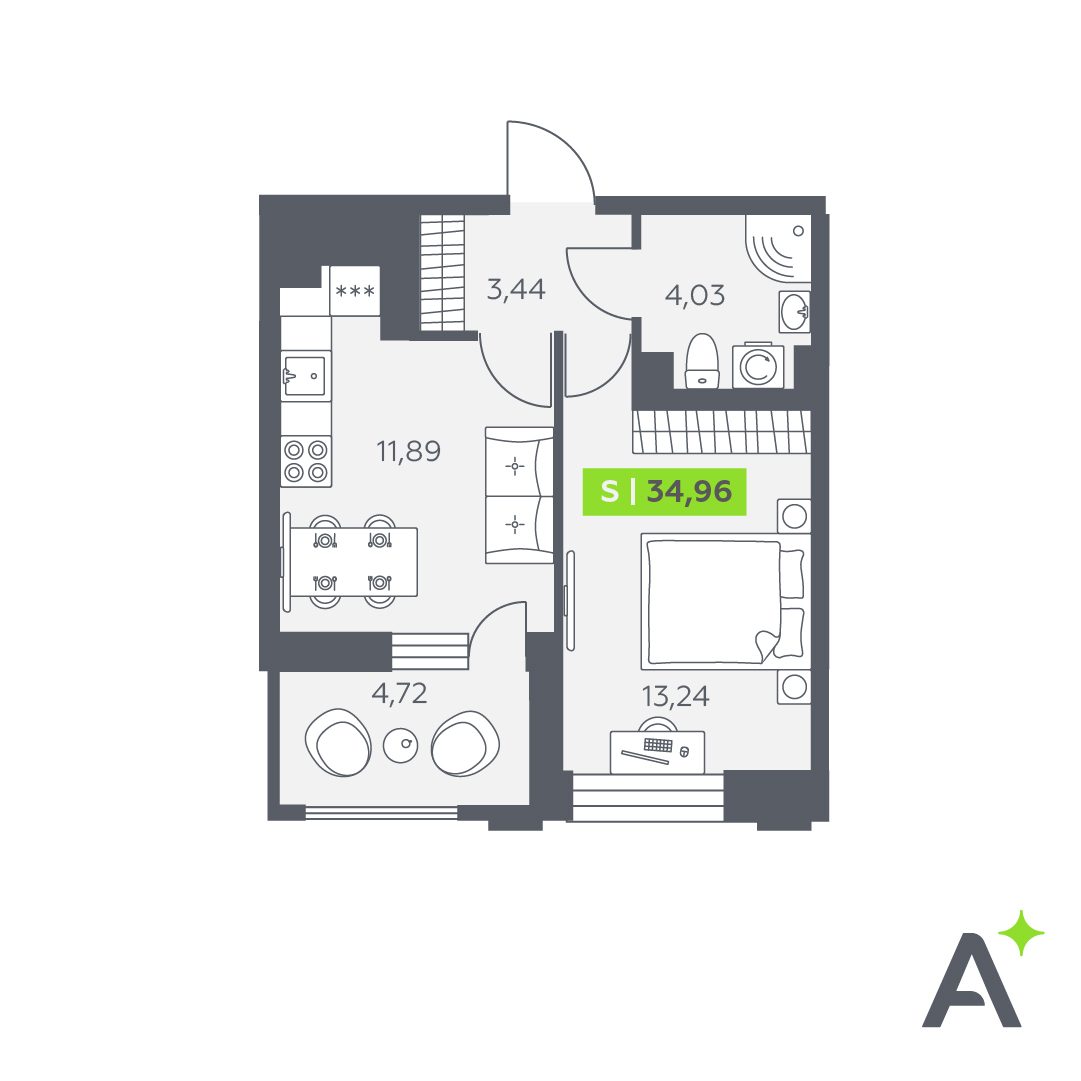 Планировка: 2-комнатная квартира, 35,0 м²