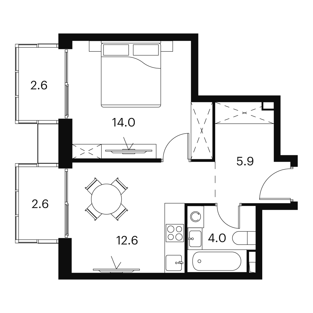 Планировка: 1-комнатная квартира, 41,7 м²