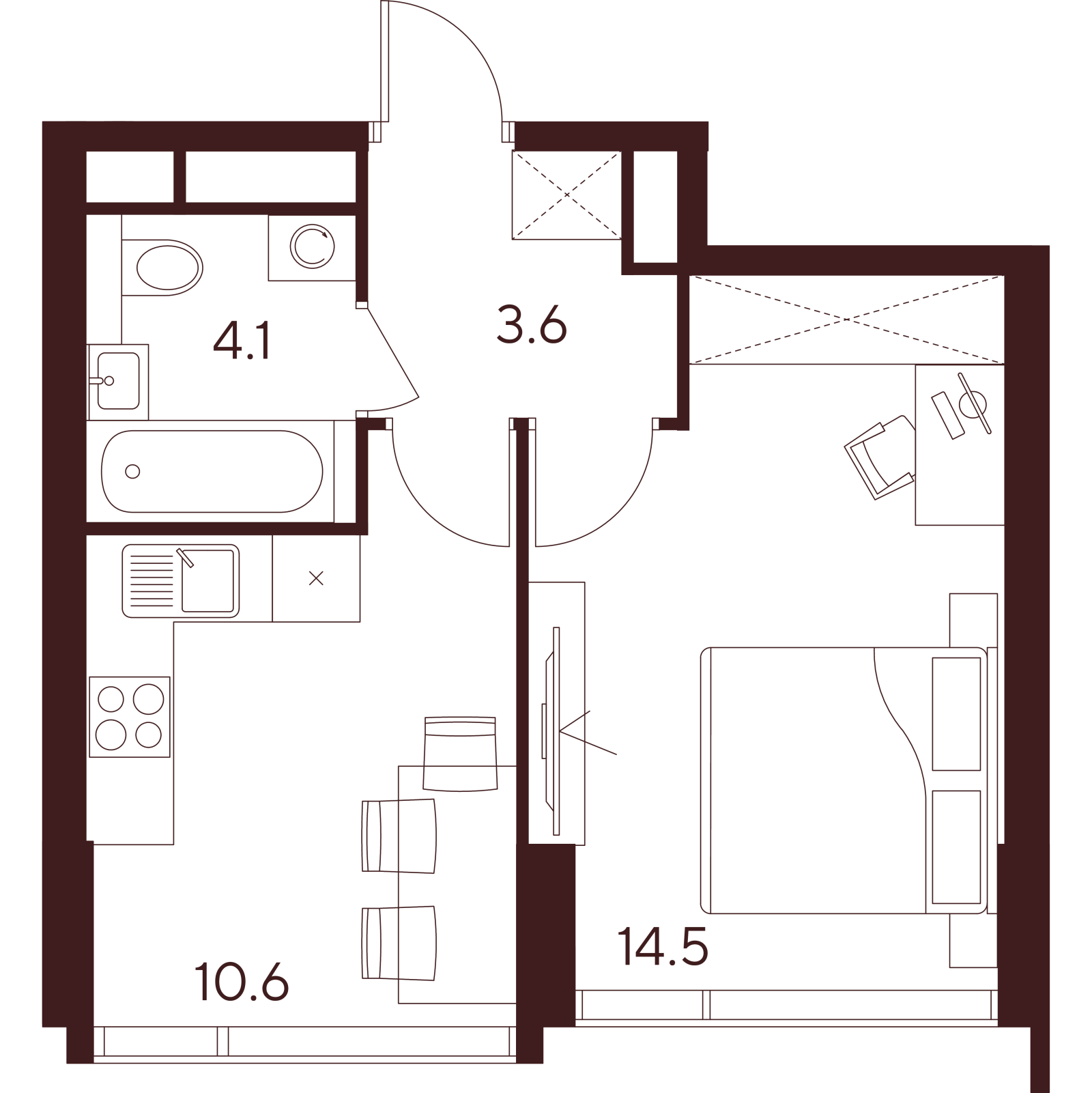 Планировка: 1-комнатная квартира, 32,8 м²