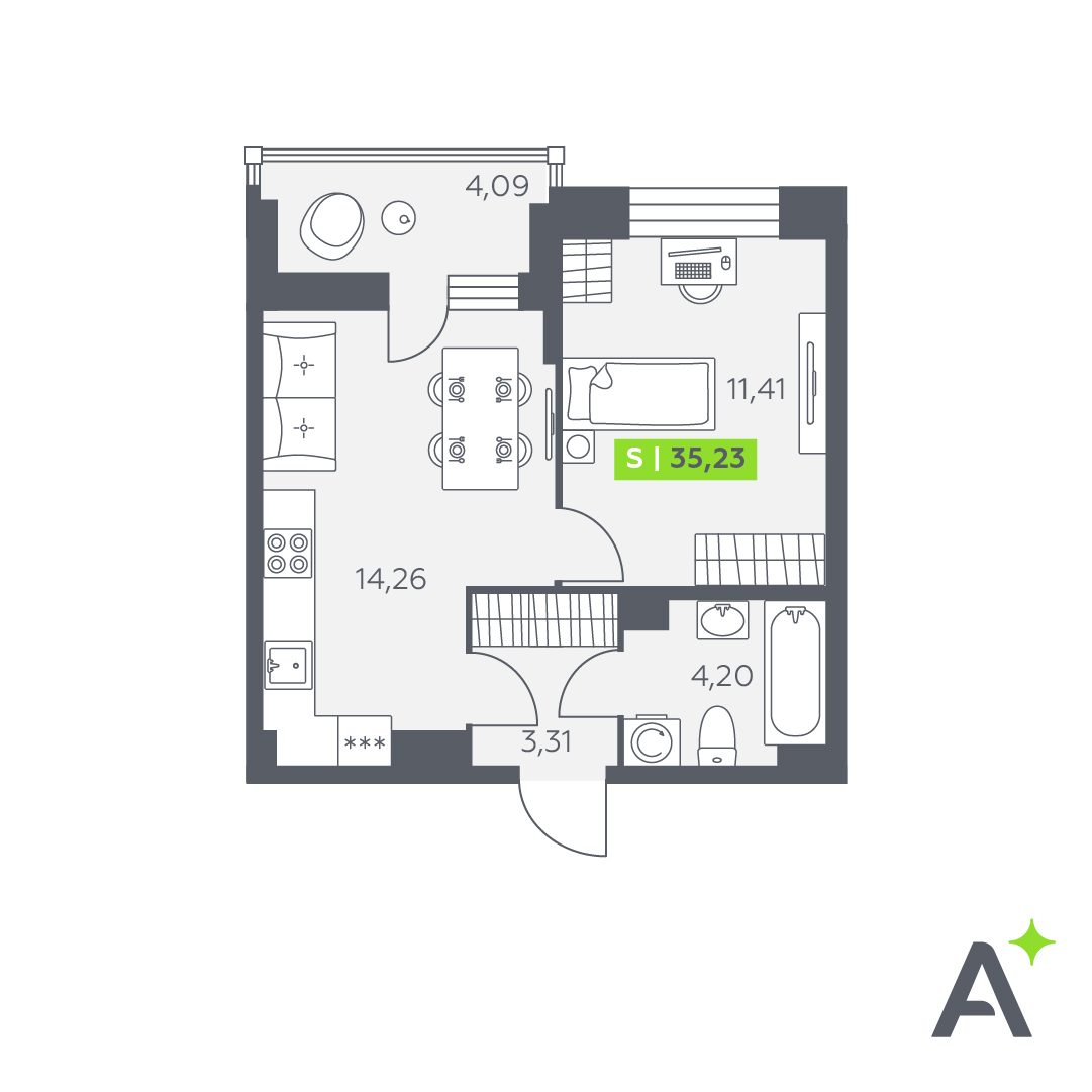 Планировка: 2-комнатная квартира, 35,2 м²