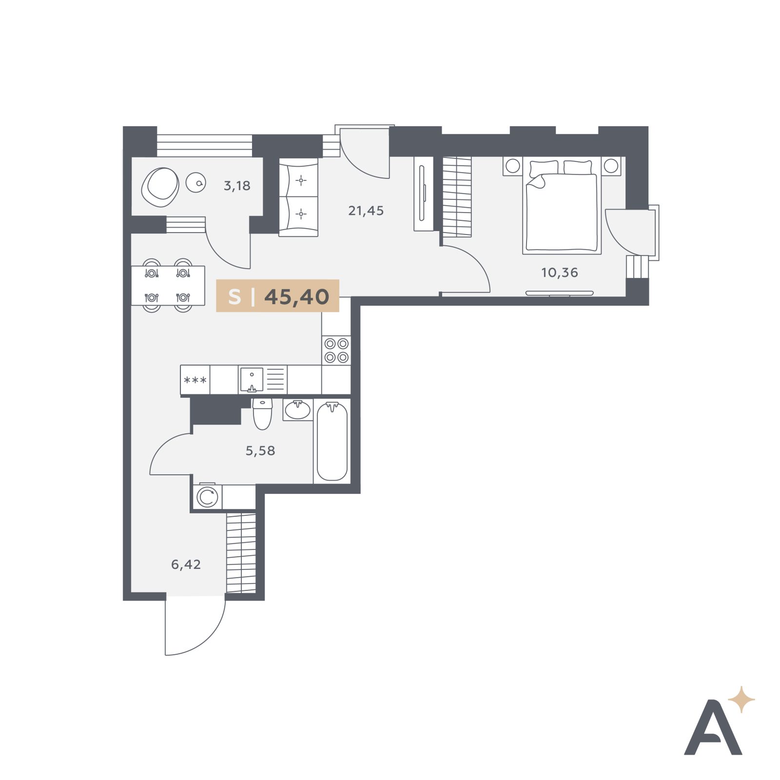 Планировка: 2-комнатная квартира, 45,4 м²