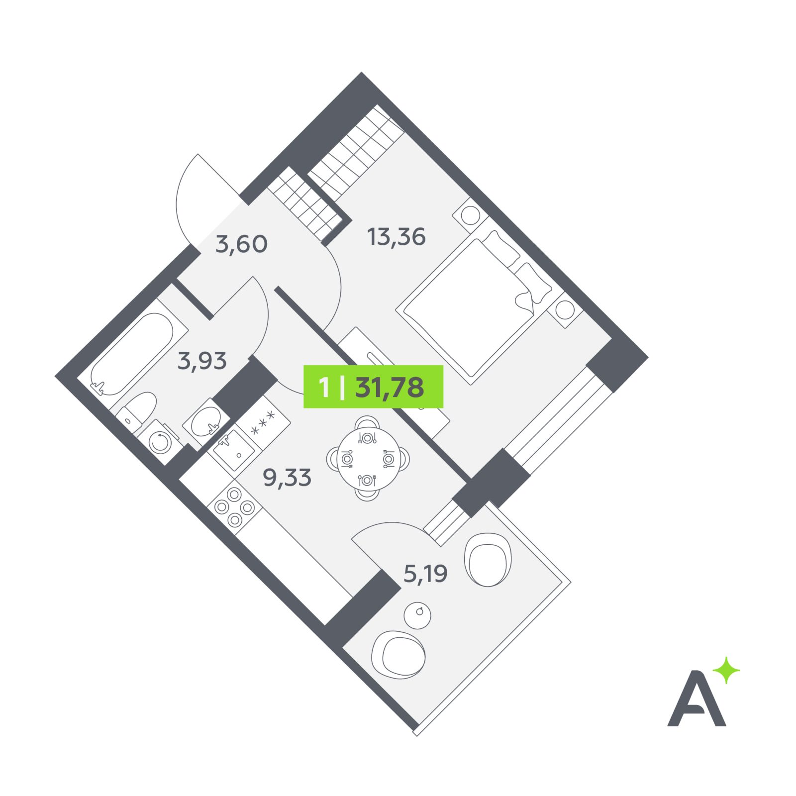 Планировка: 1-комнатная квартира, 31,8 м²