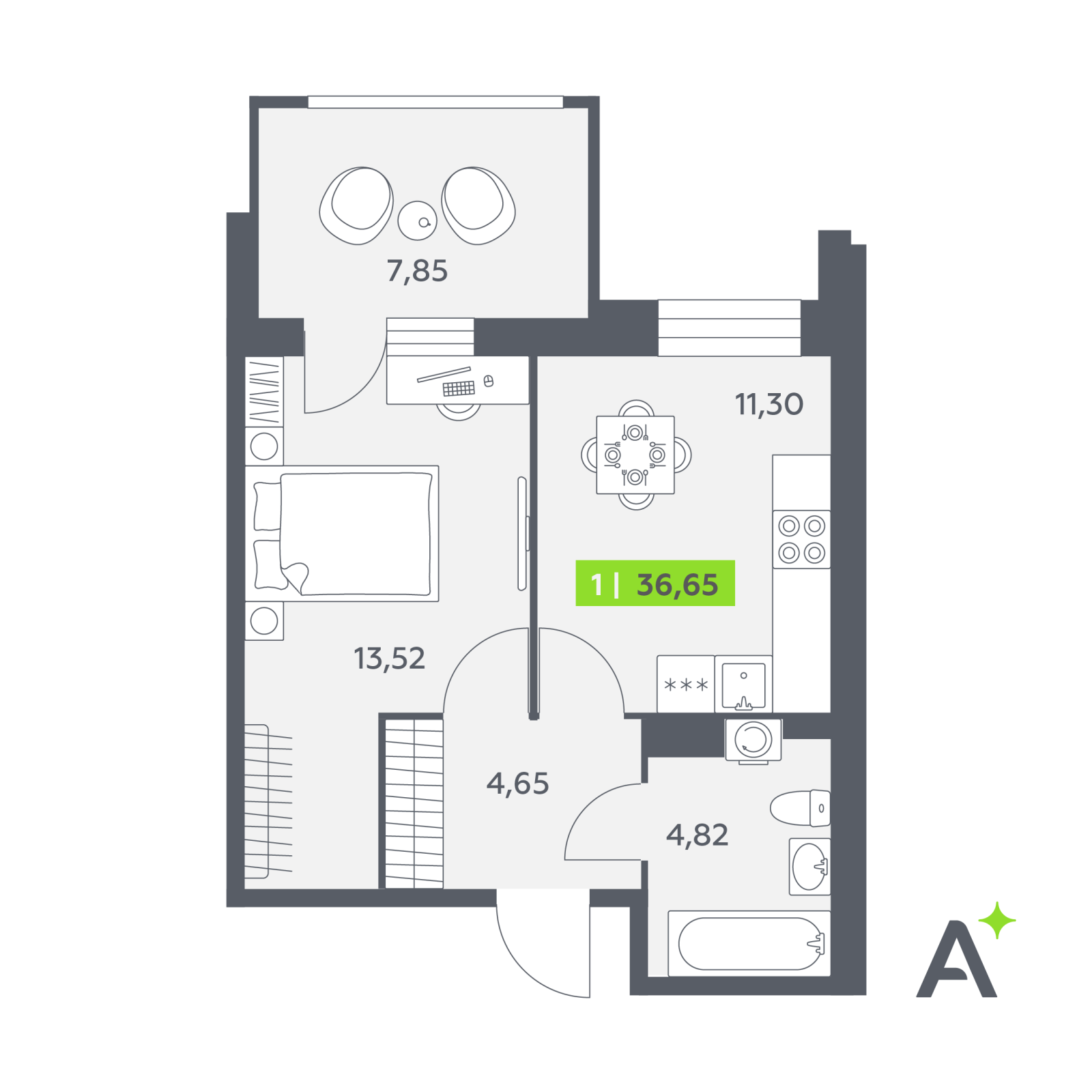 Планировка: 1-комнатная квартира, 36,7 м²