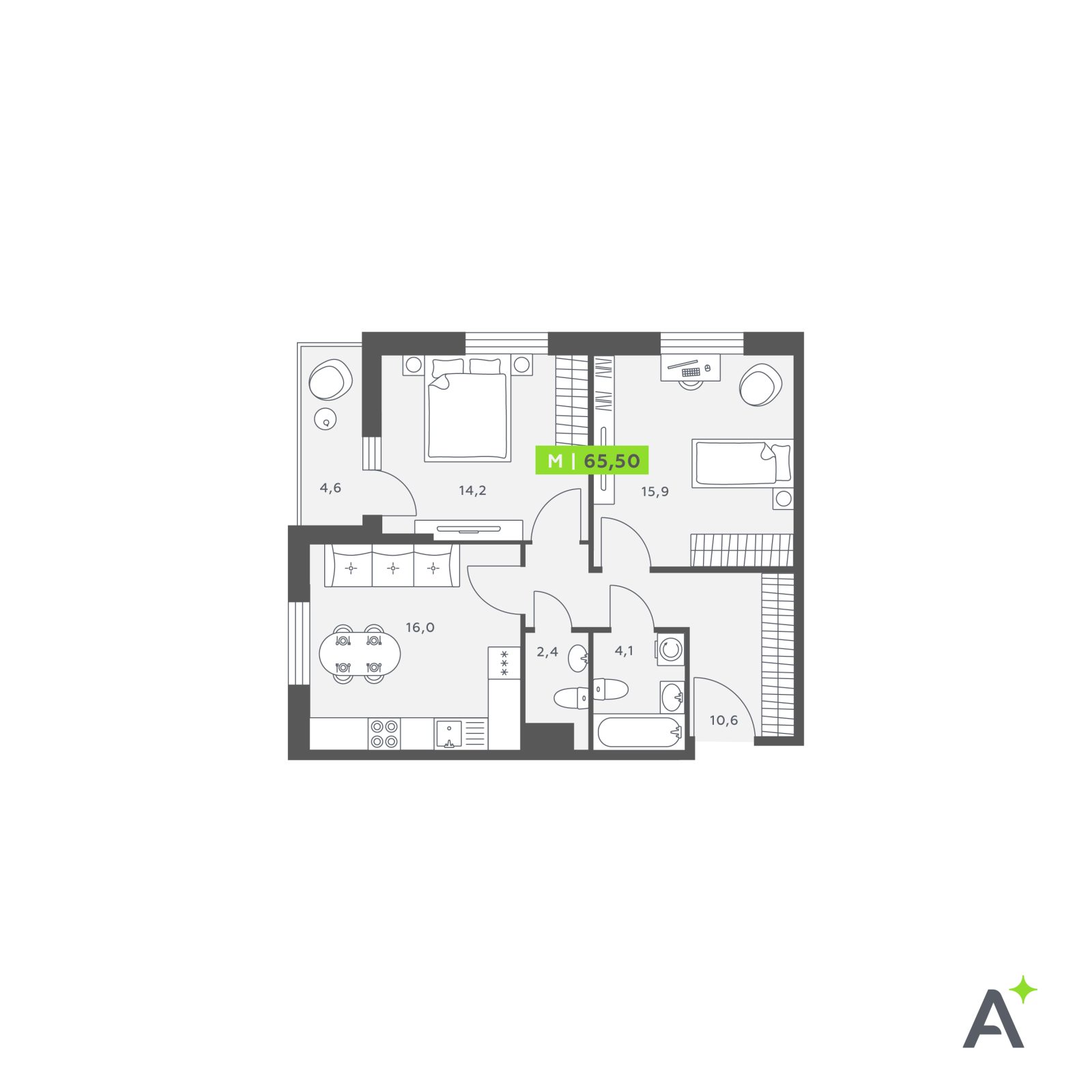 Планировка: 3-комнатная квартира, 65,5 м²