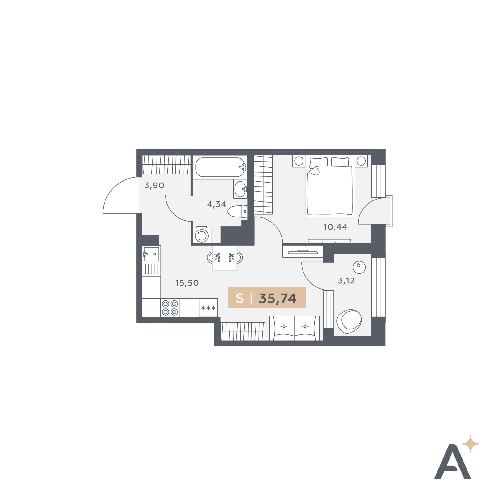 Планировка: 2-комнатная квартира, 35,7 м²