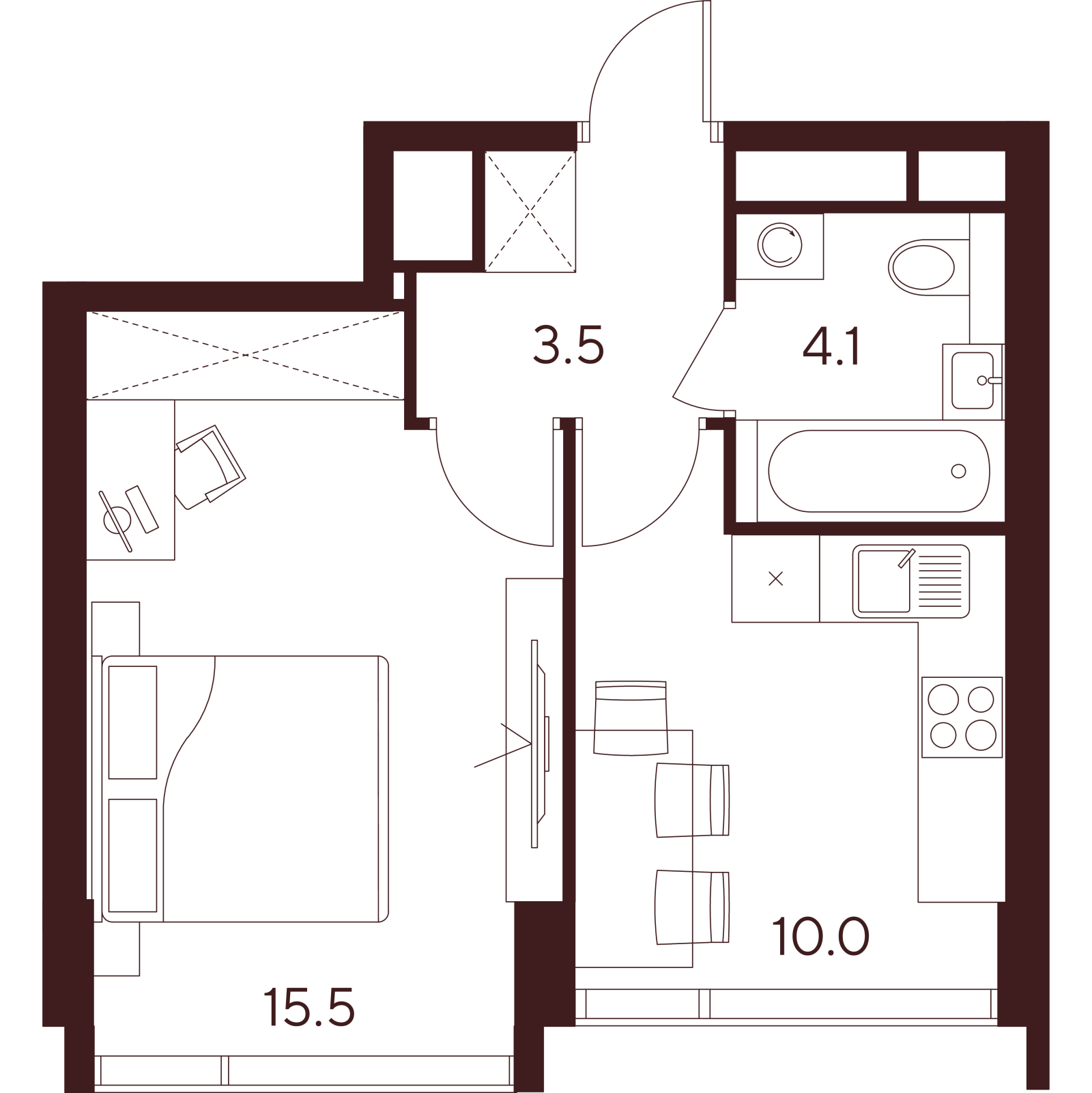 Планировка: 1-комнатная квартира, 33,1 м²