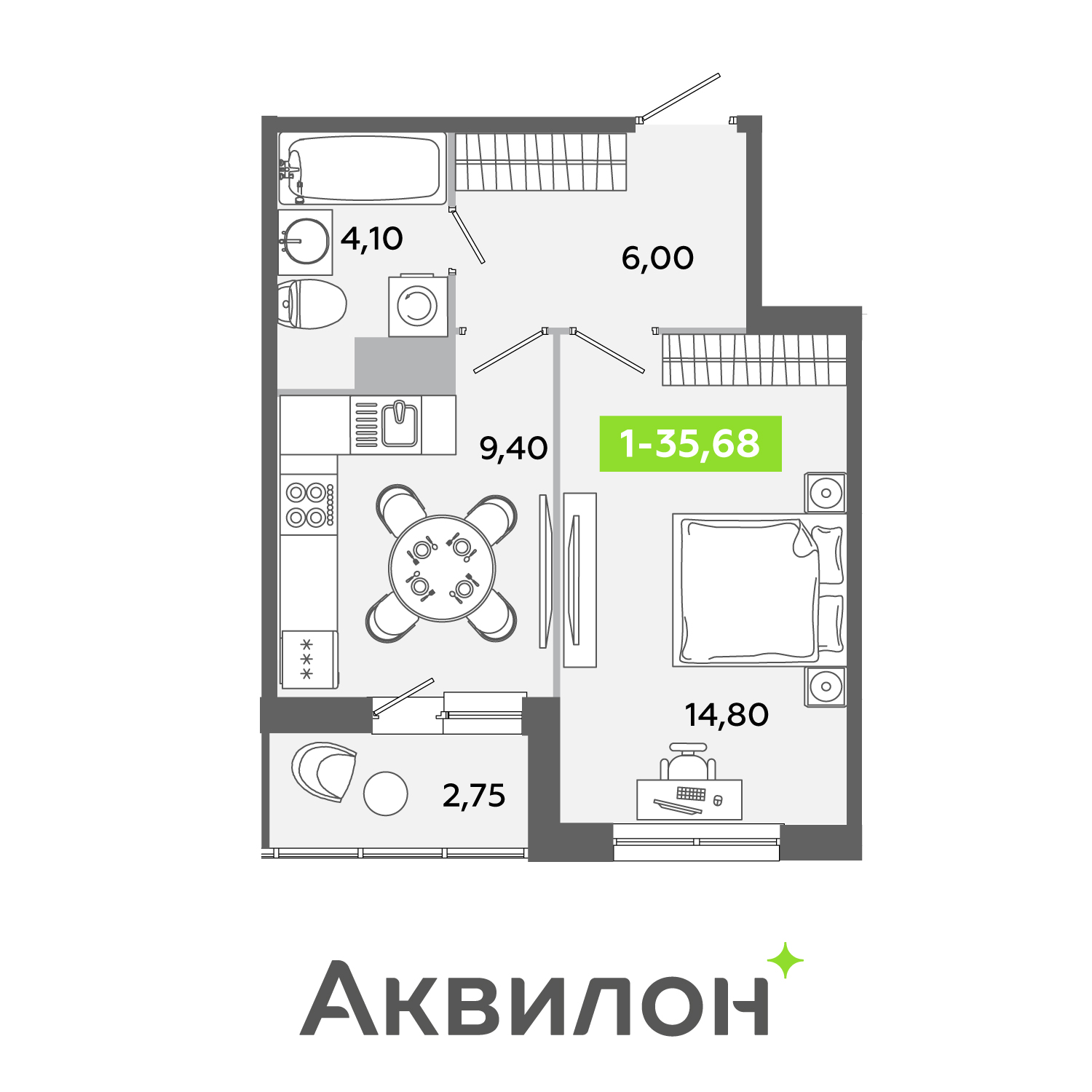 Планировка: 1-комнатная квартира, 35,7 м²