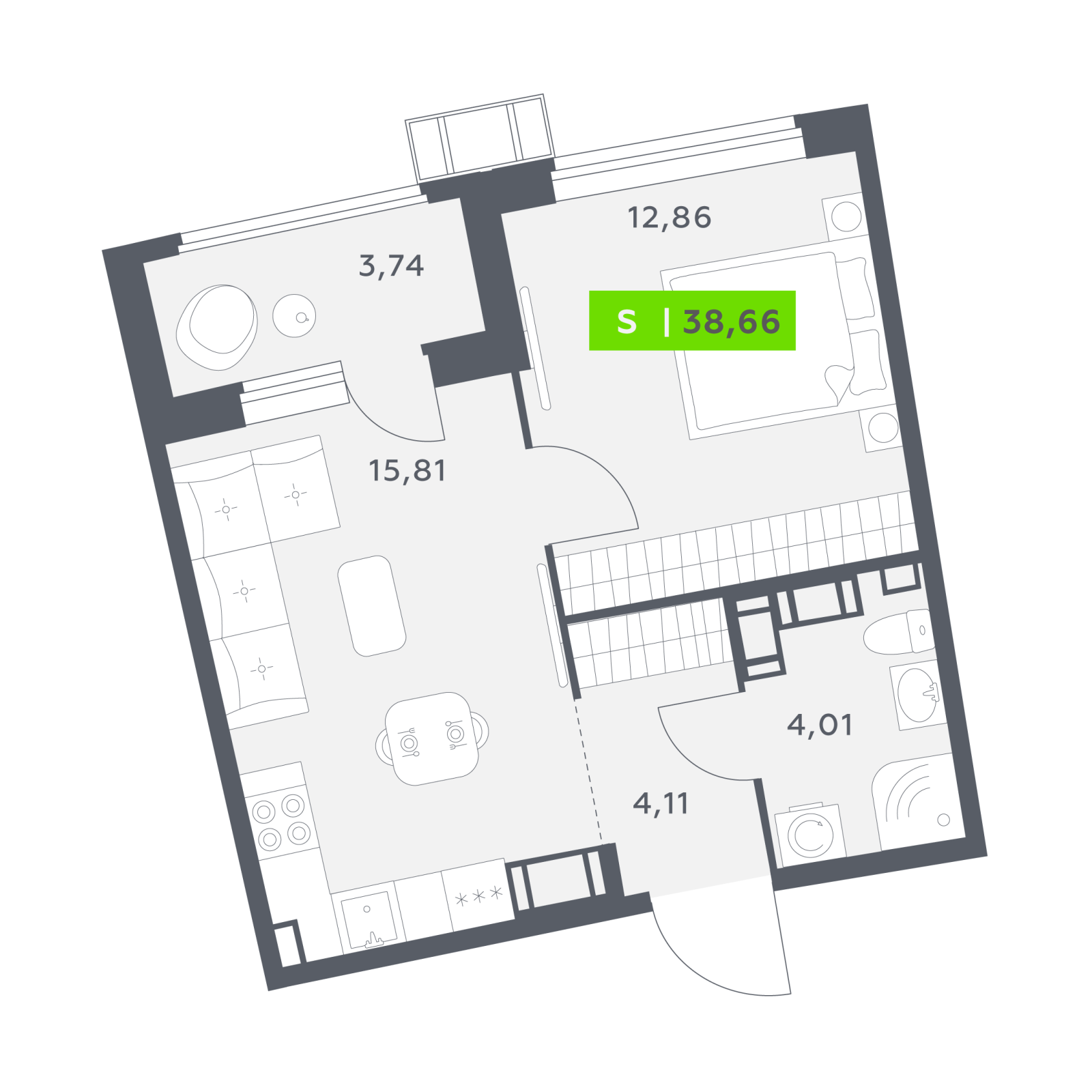 Планировка: 2-комнатная квартира, 38,7 м²