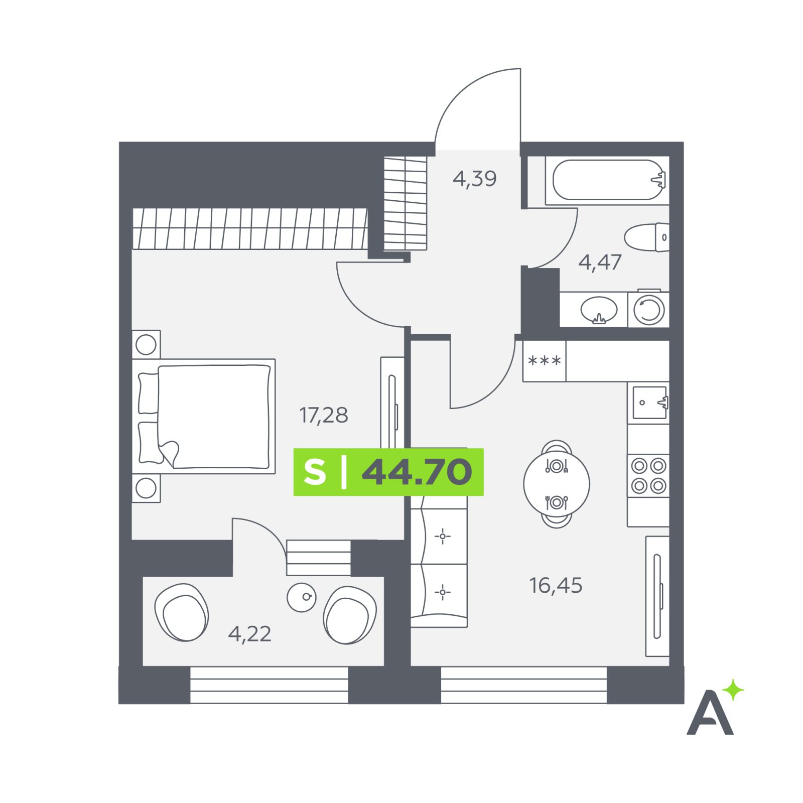 Планировка: 2-комнатная квартира, 44,7 м²