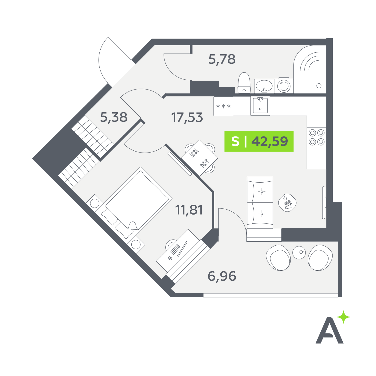 Планировка: 2-комнатная квартира, 42,6 м²