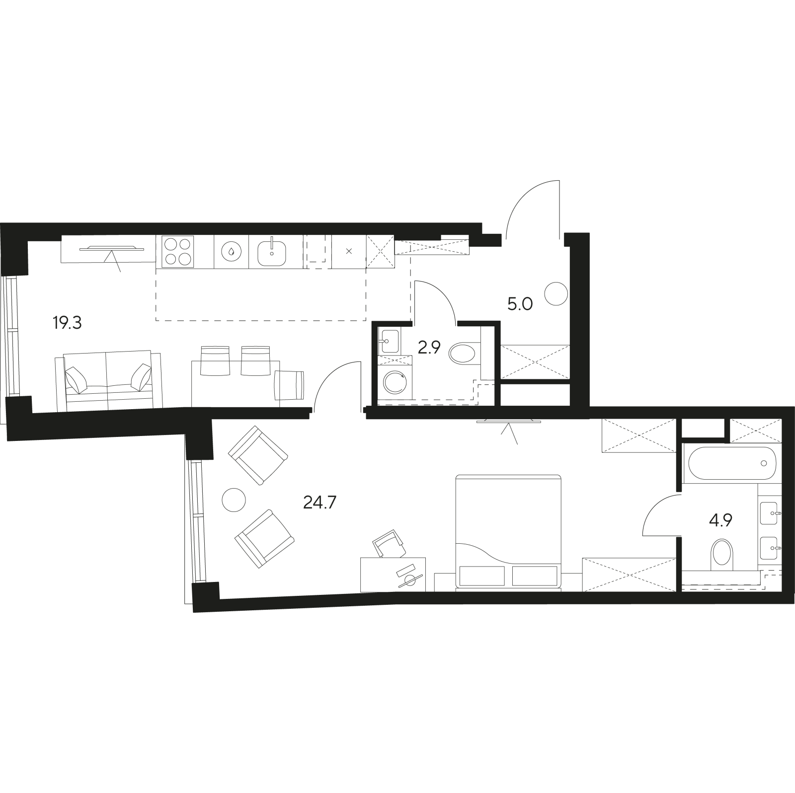 Планировка: 2-комнатная квартира, 56,8 м²