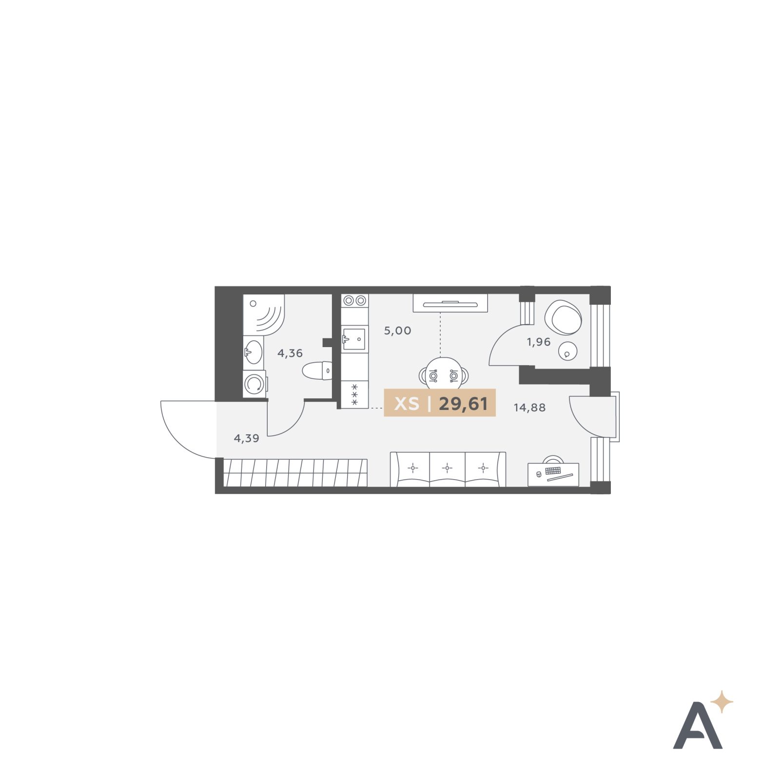 Планировка: студия, 29,6 м²