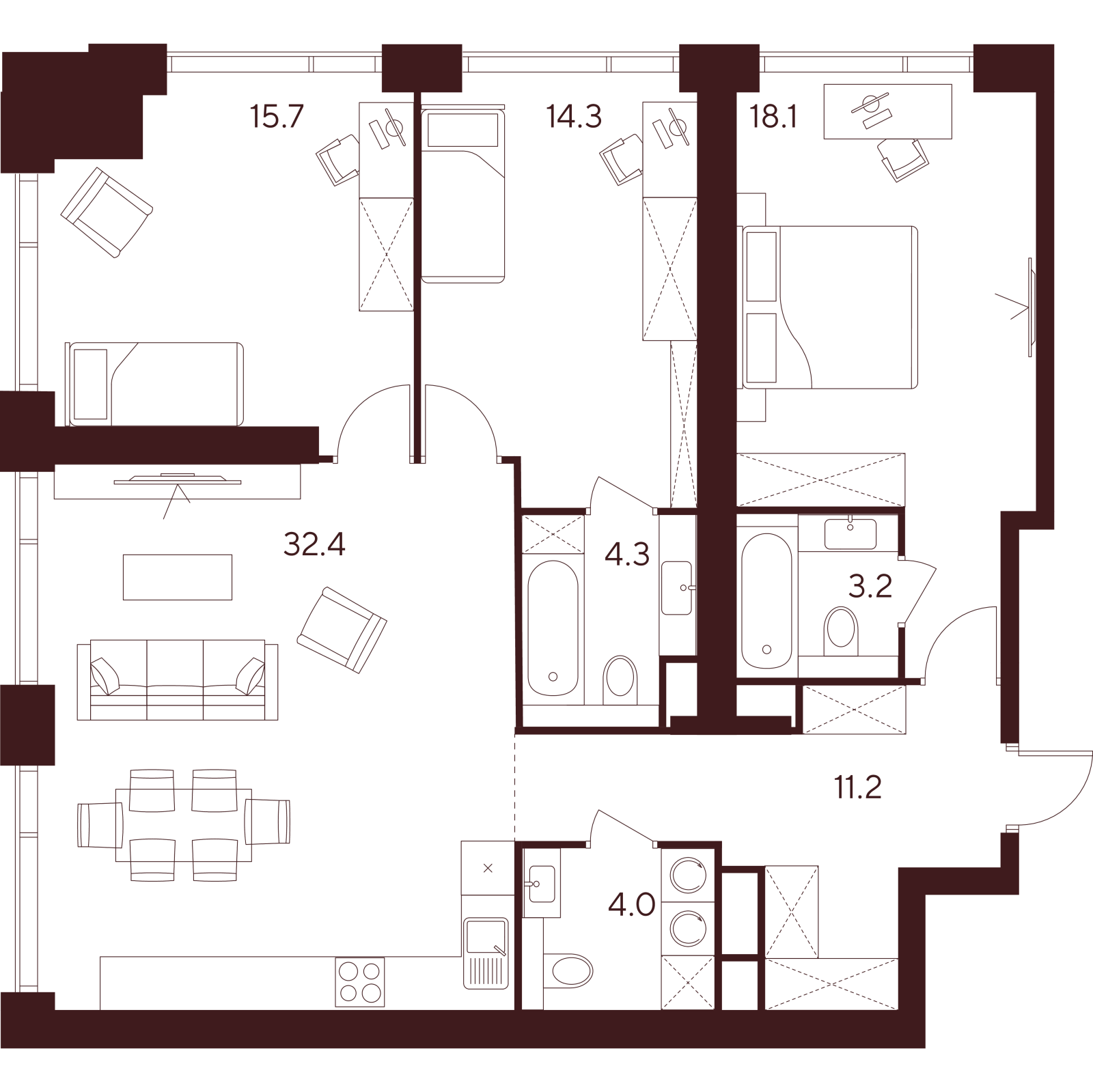Планировка: 4-комнатная квартира, 103,2 м²