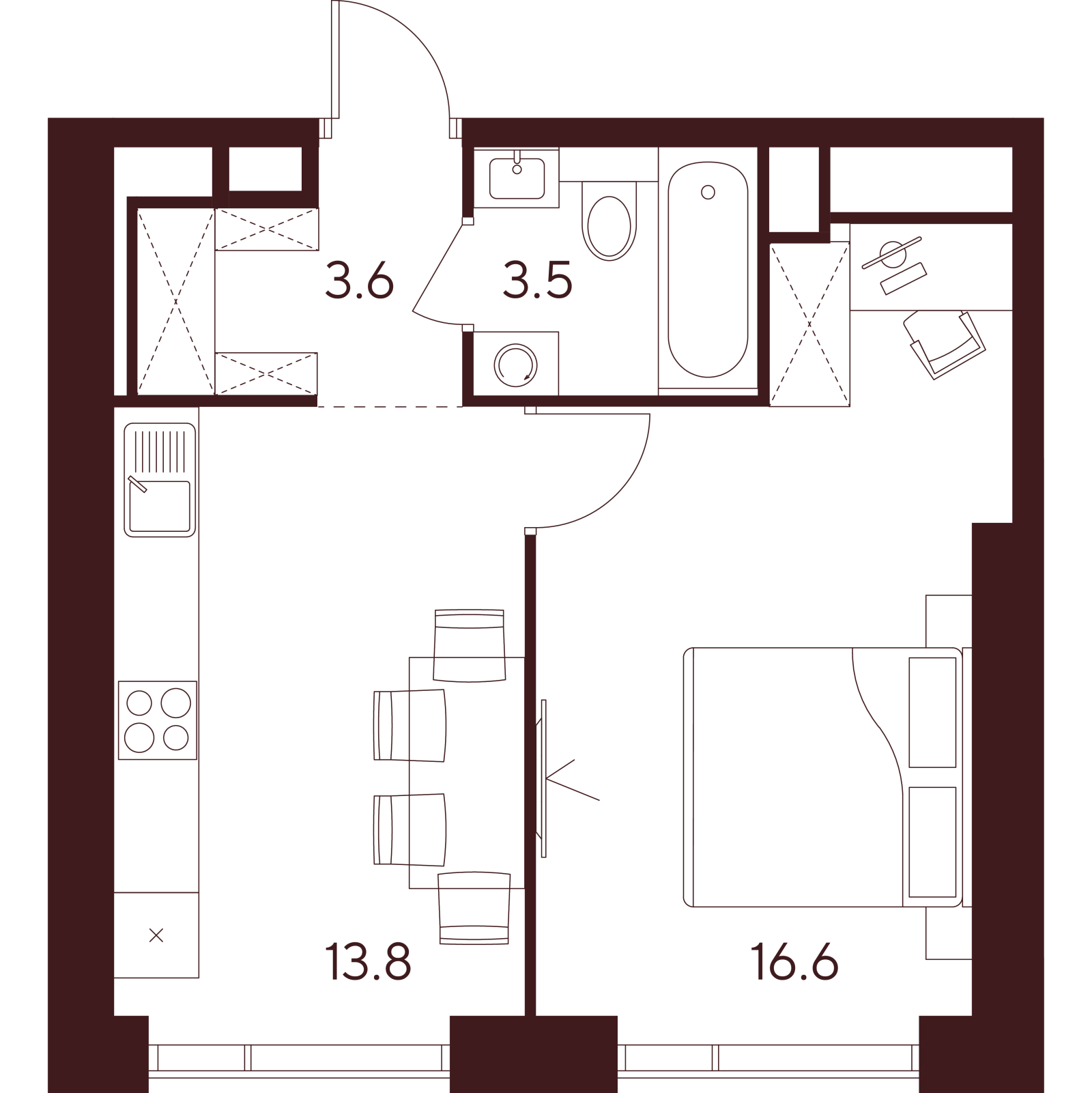 Планировка: 1-комнатная квартира, 37,5 м²
