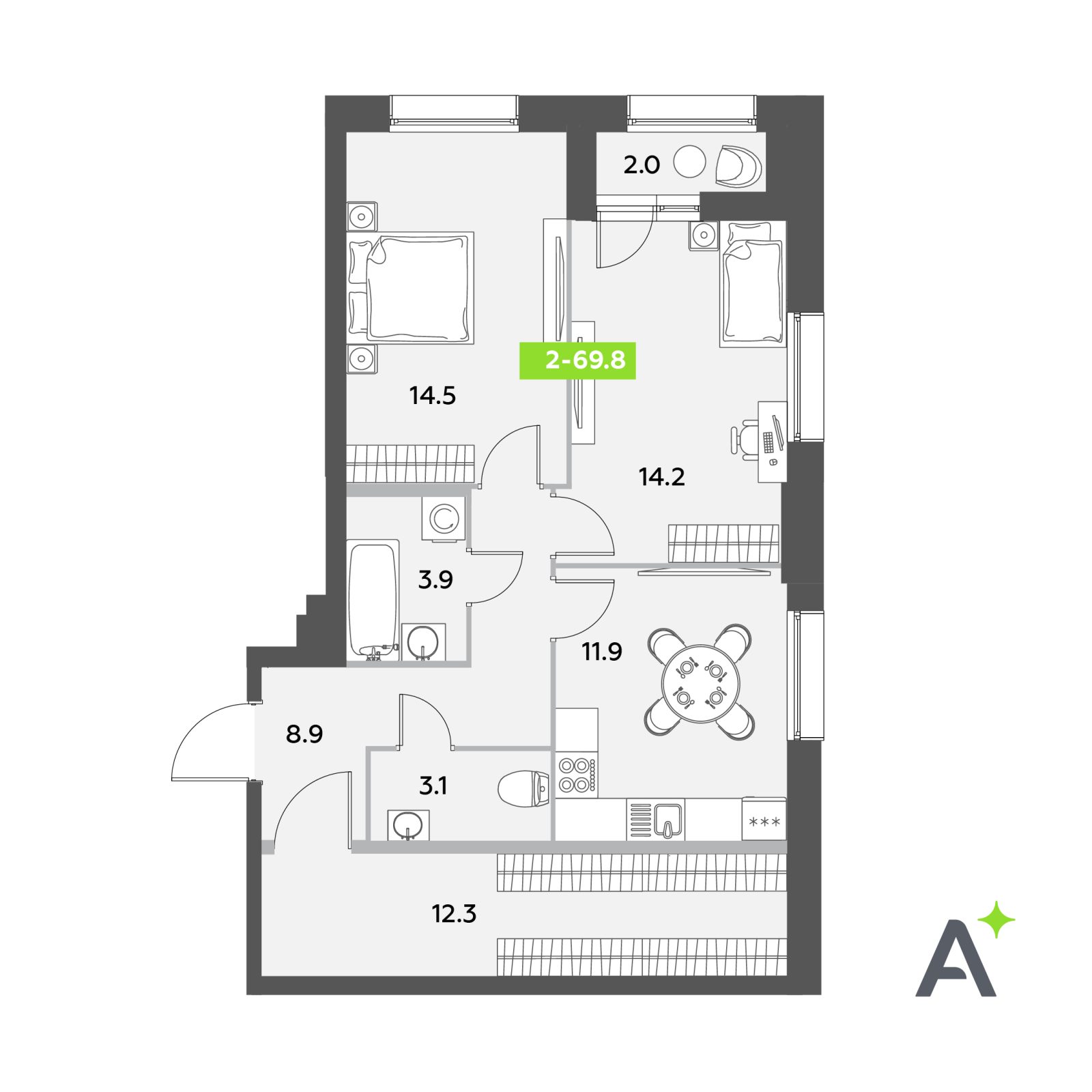 Планировка: 2-комнатная квартира, 69,8 м²