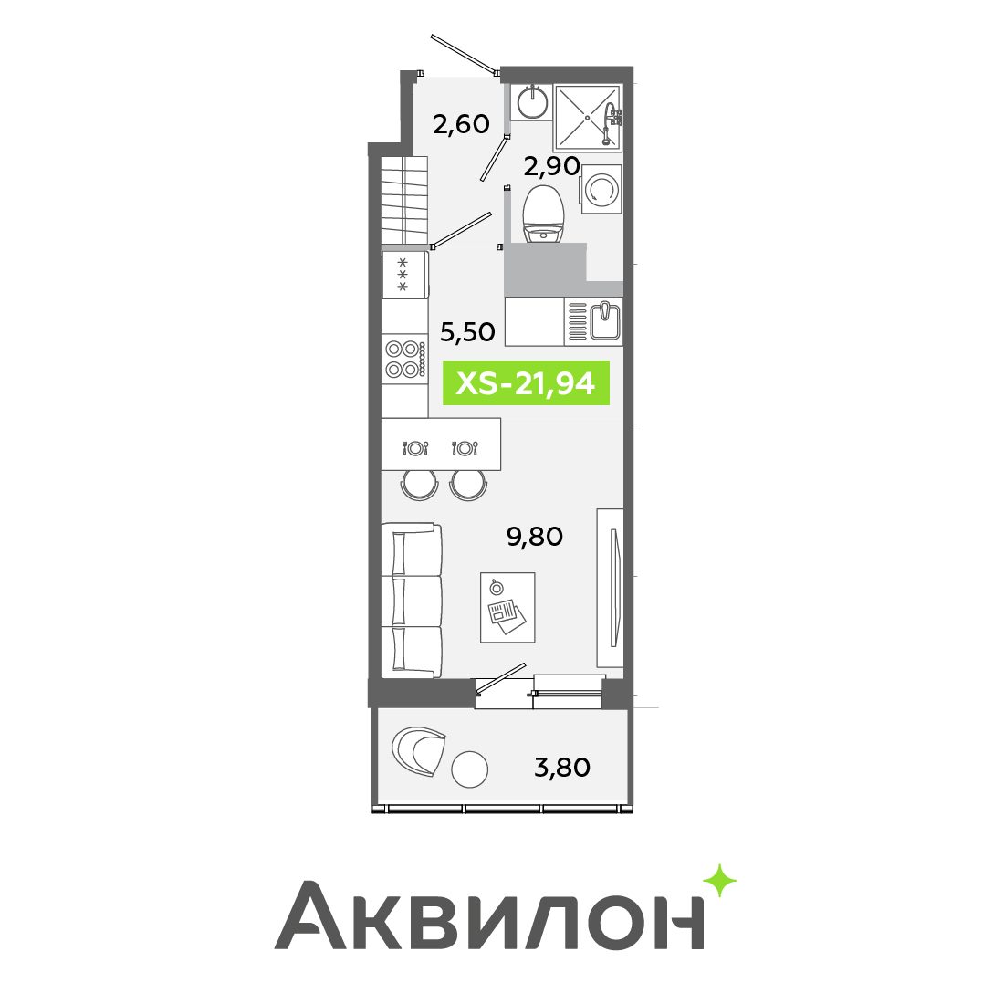 Планировка: студия, 21,9 м²