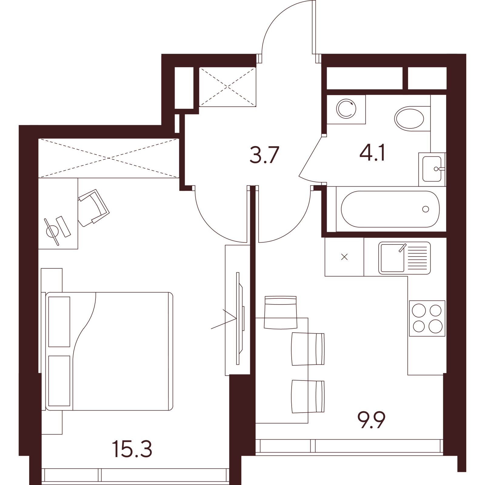 Планировка: 1-комнатная квартира, 33,0 м²