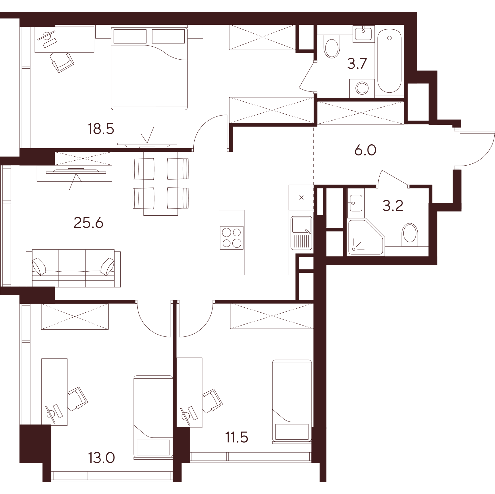 Планировка: 4-комнатная квартира, 81,5 м²