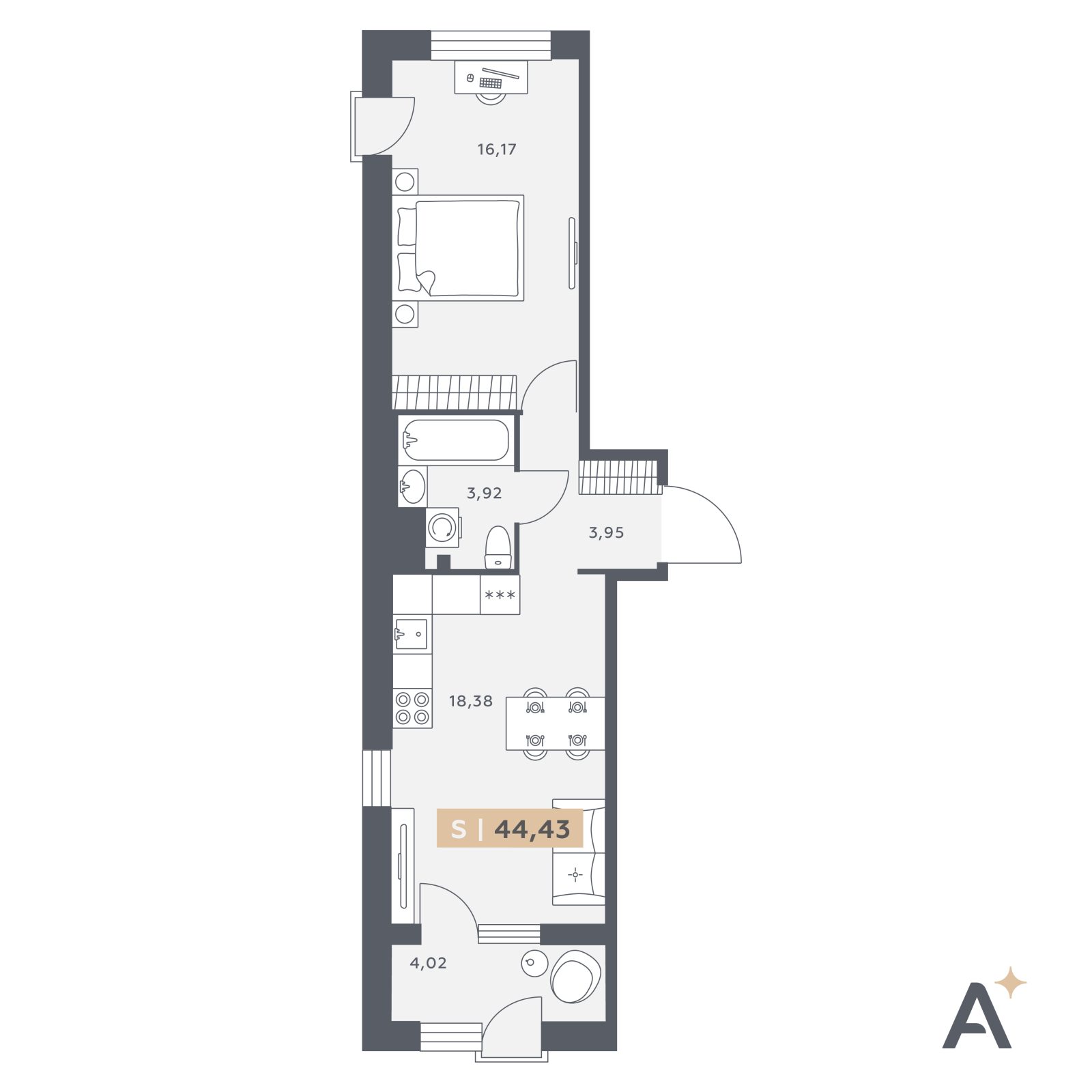 Планировка: 2-комнатная квартира, 44,4 м²