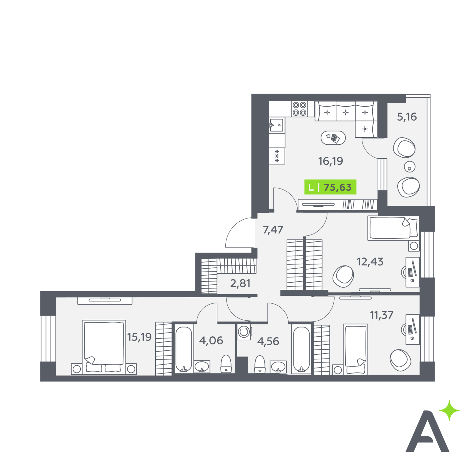Планировка: 4-комнатная квартира, 75,6 м²