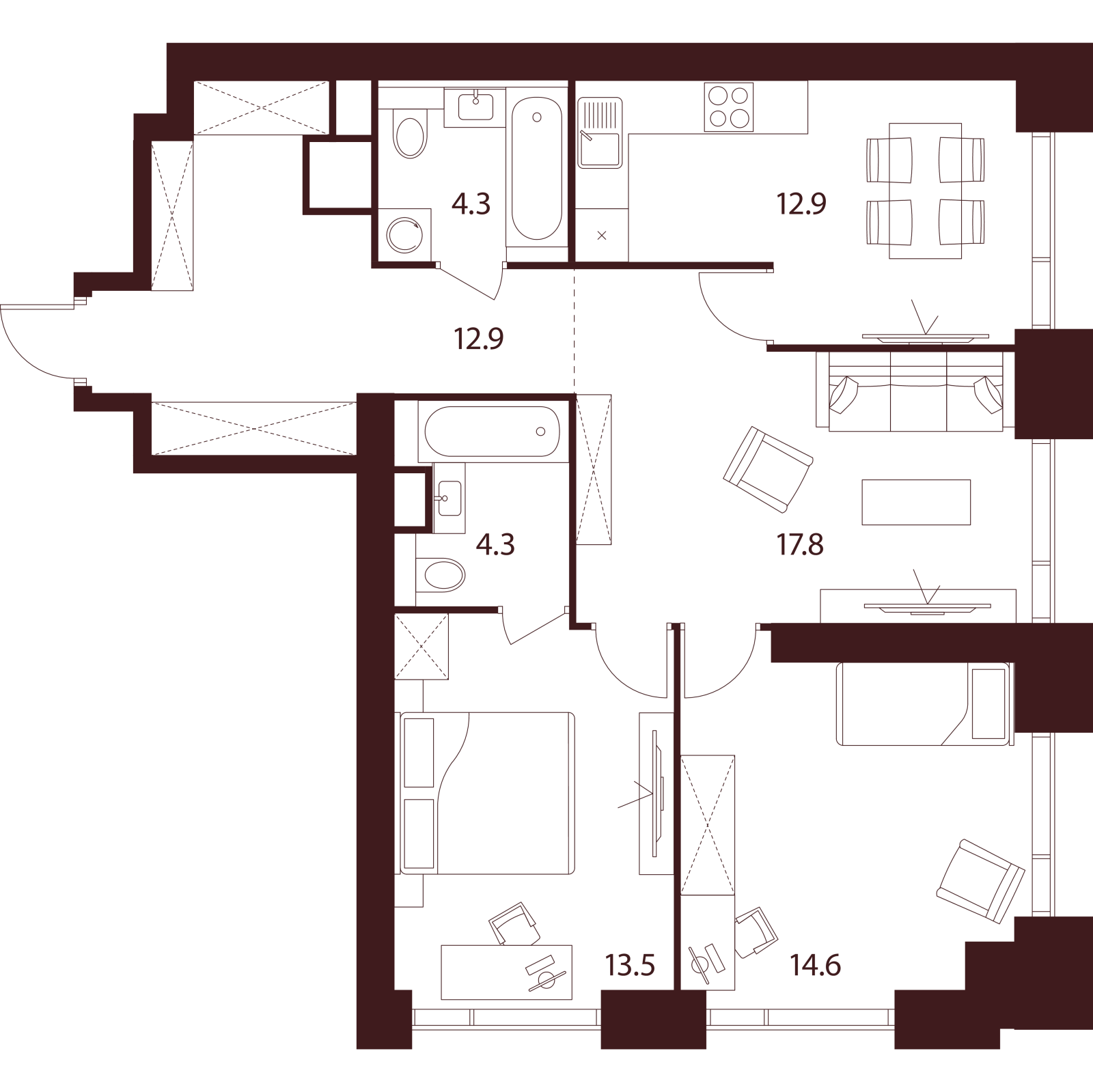 Планировка: 3-комнатная квартира, 80,3 м²