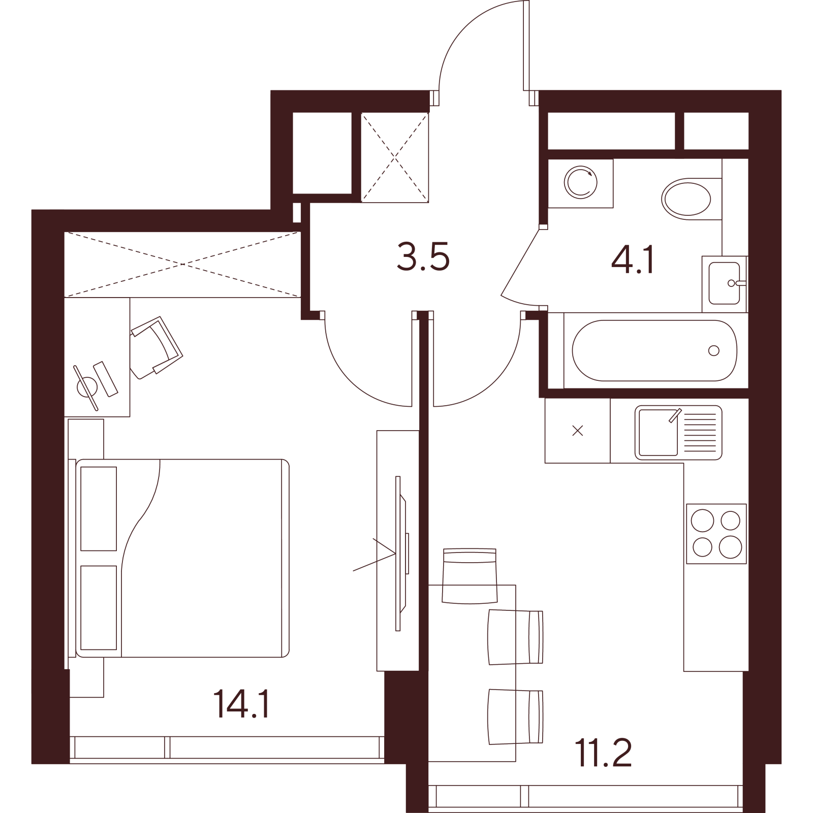 Планировка: 1-комнатная квартира, 32,9 м²