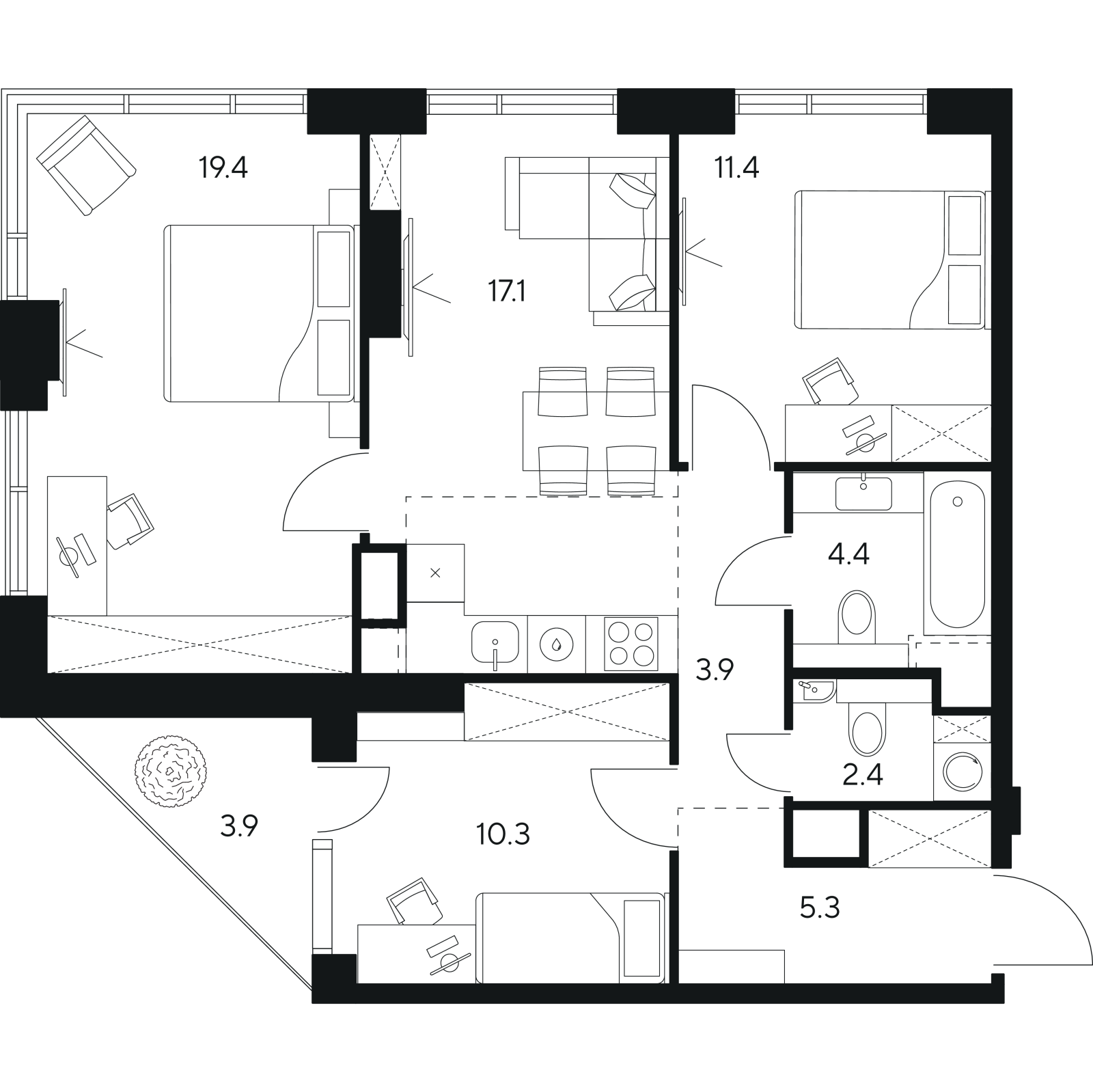 Планировка: 4-комнатная квартира, 78,1 м²