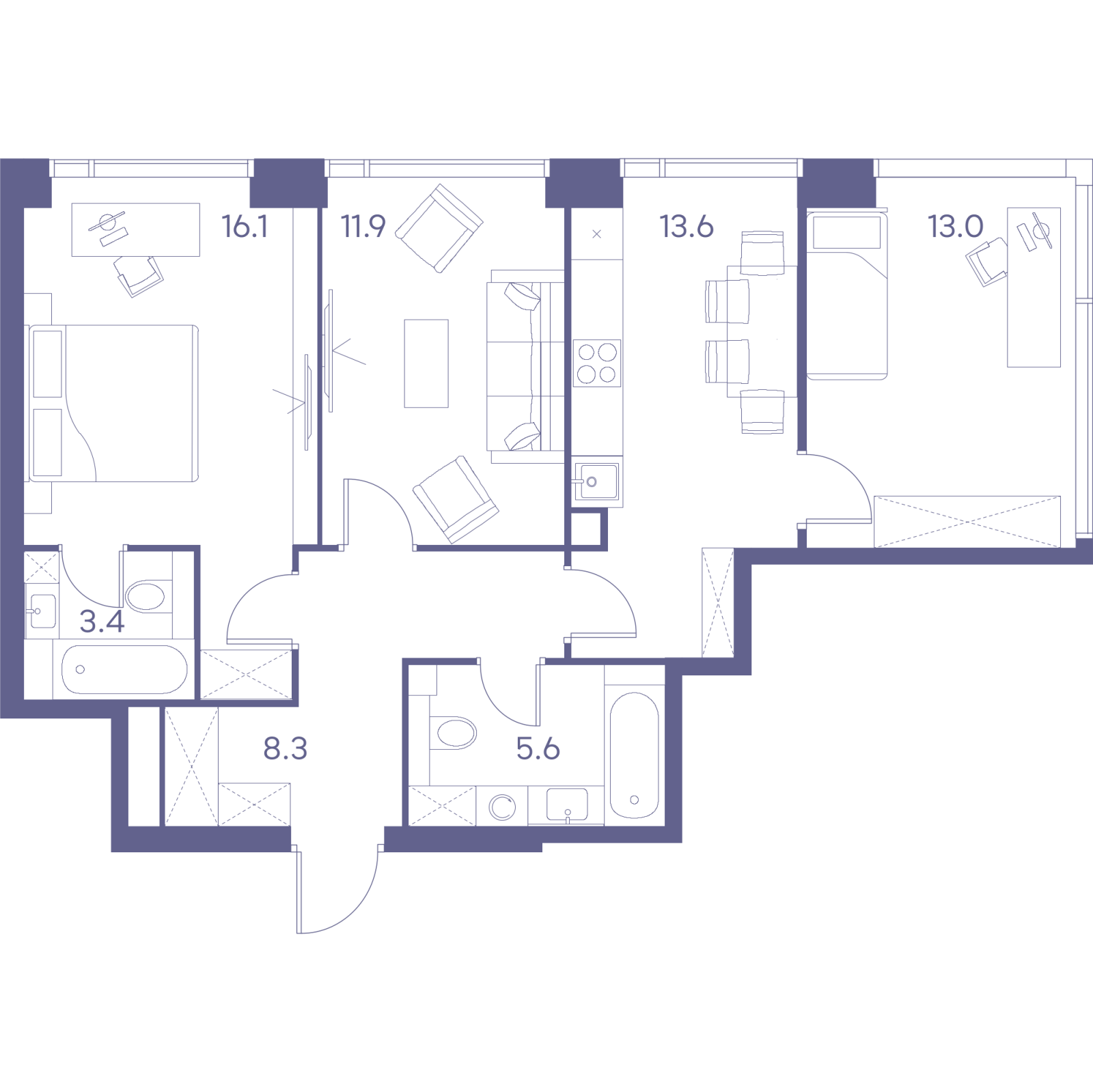 Планировка: 3-комнатная квартира, 71,9 м²