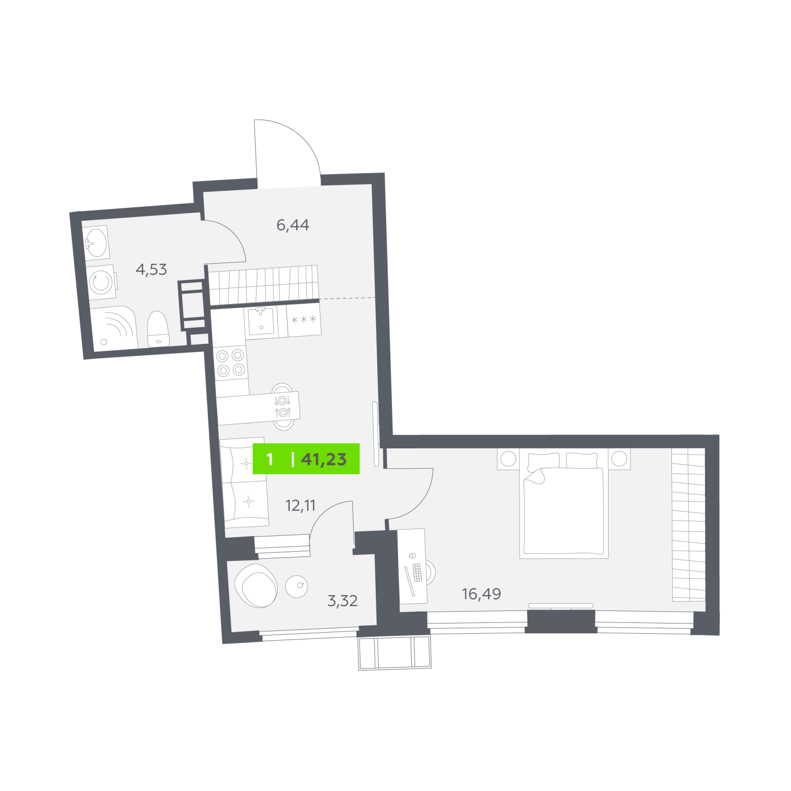 Планировка: 1-комнатная квартира, 41,2 м²
