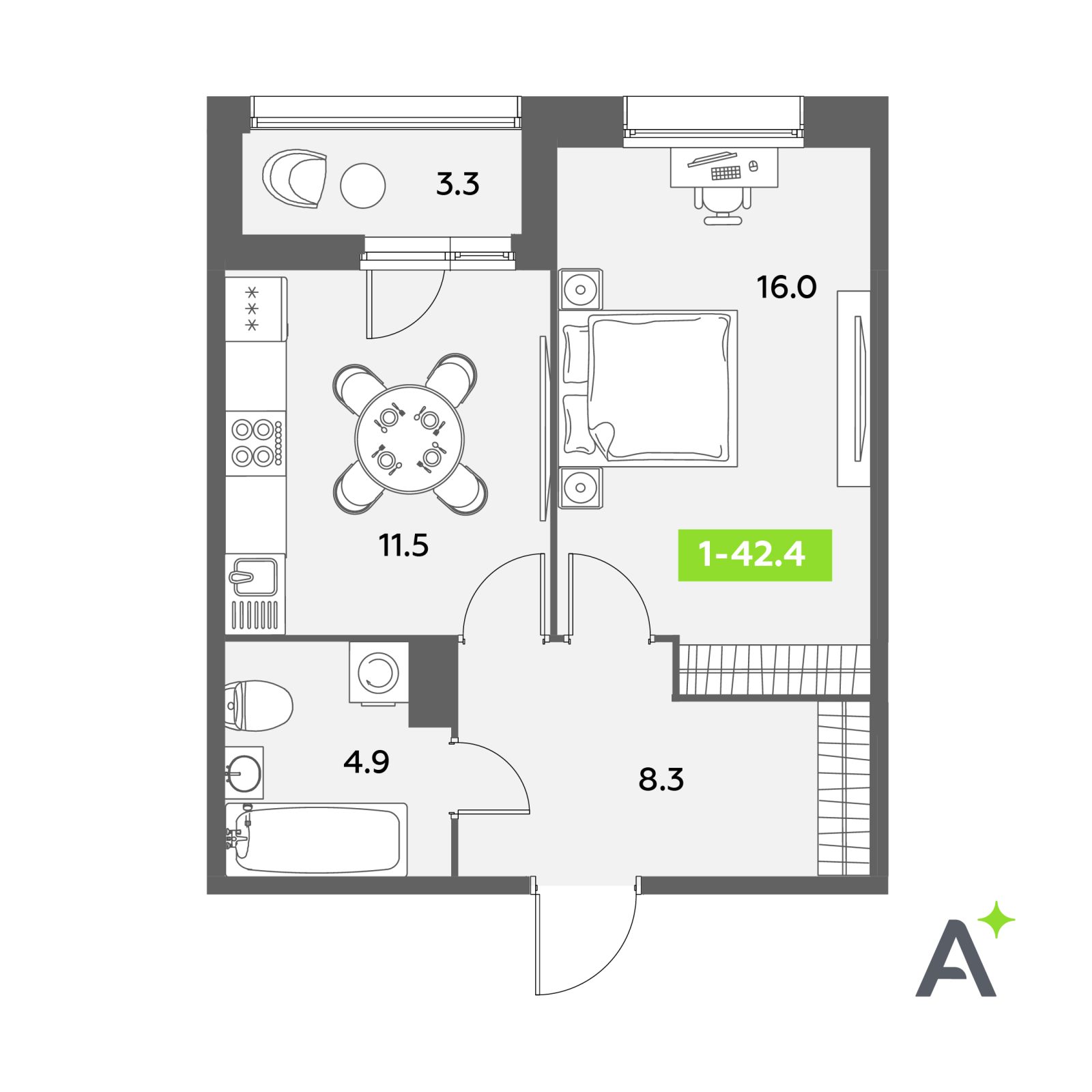 Планировка: 1-комнатная квартира, 42,4 м²