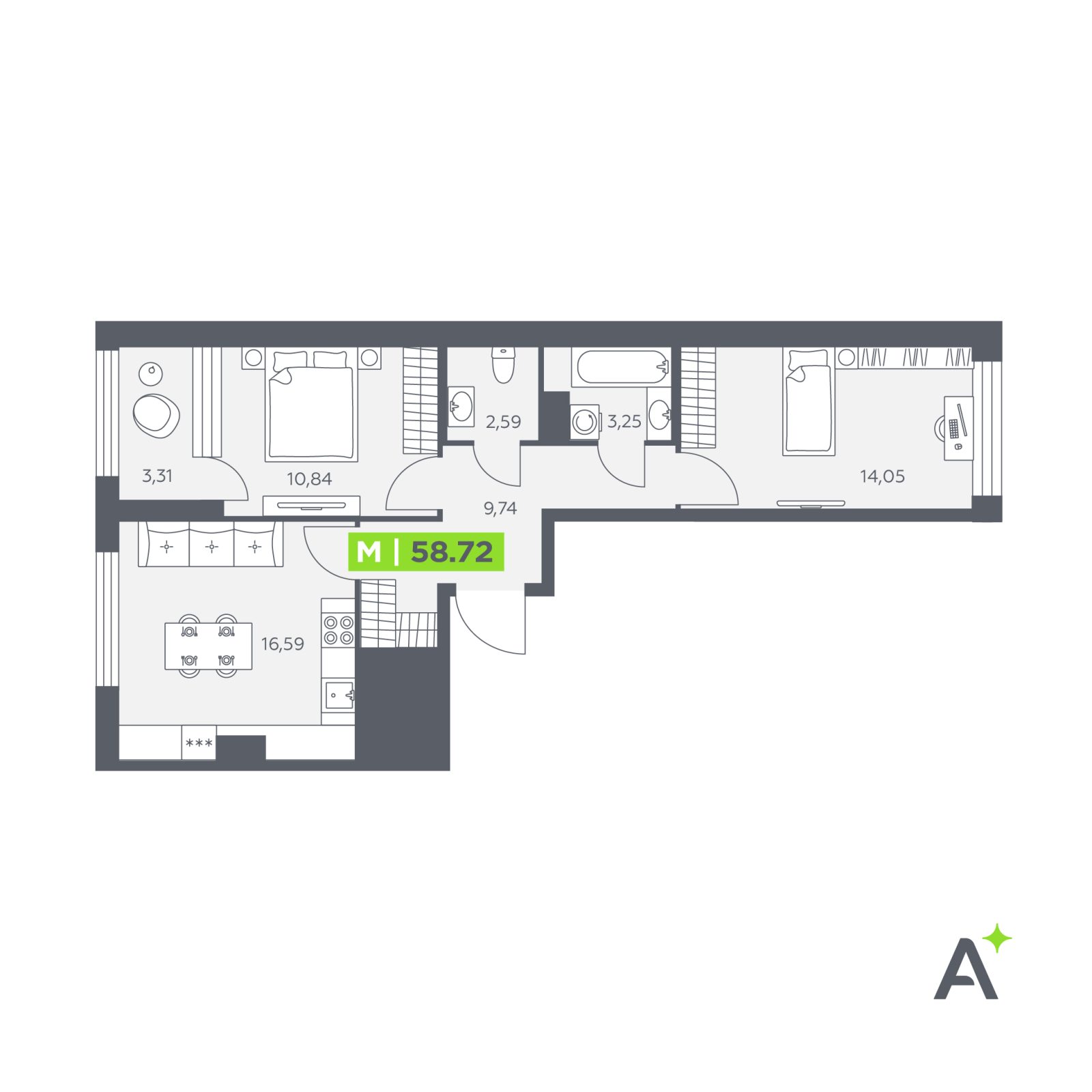 Планировка: 3-комнатная квартира, 58,7 м²