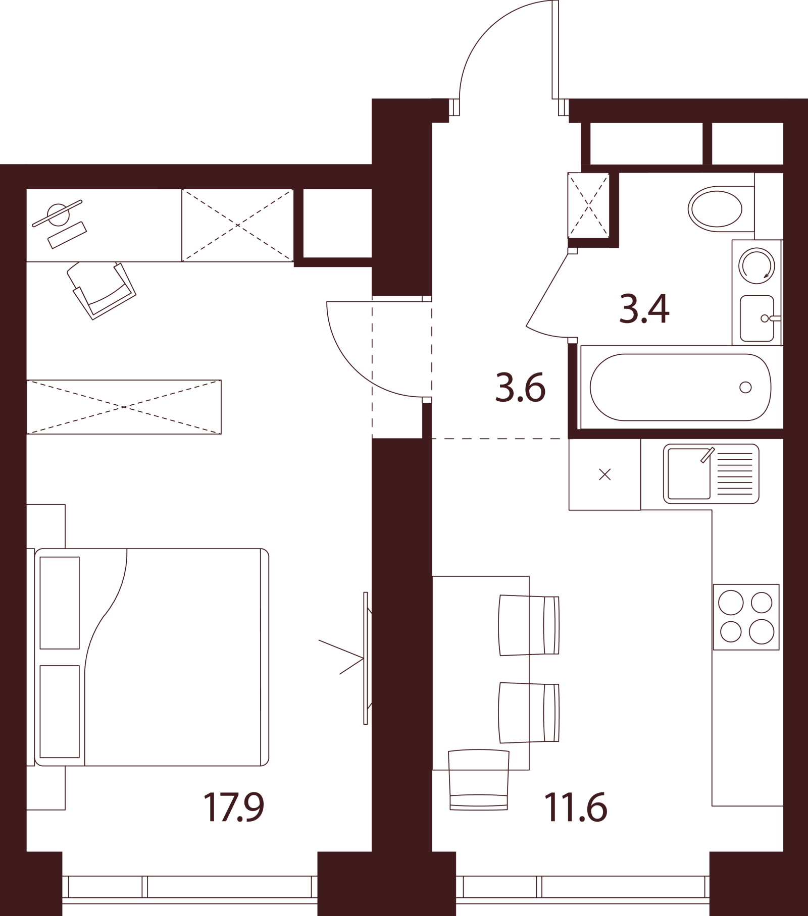 Планировка: 1-комнатная квартира, 36,5 м²