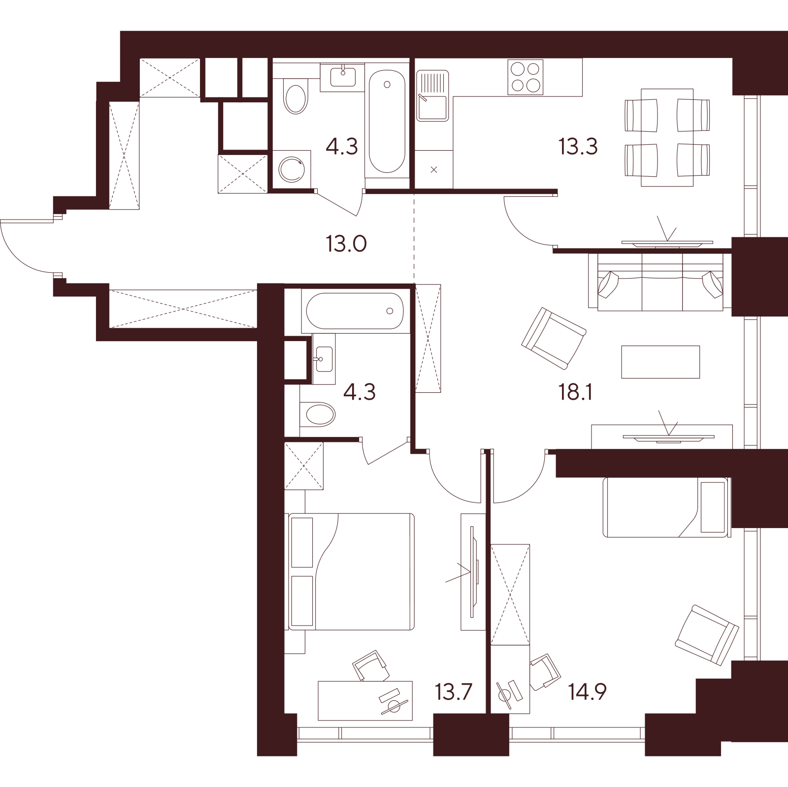 Планировка: 3-комнатная квартира, 81,6 м²