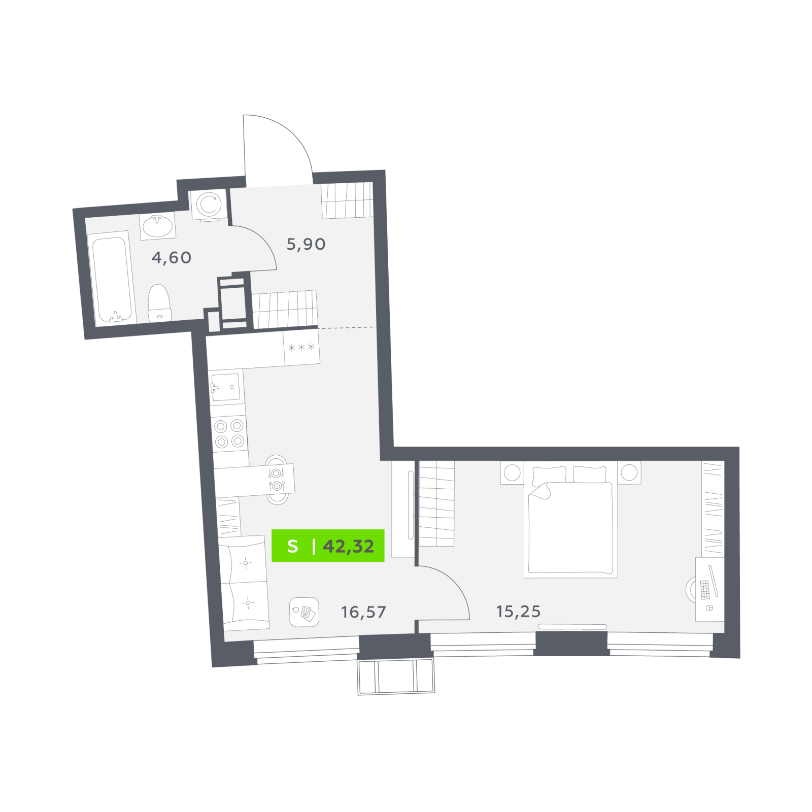 Планировка: 2-комнатная квартира, 42,3 м²