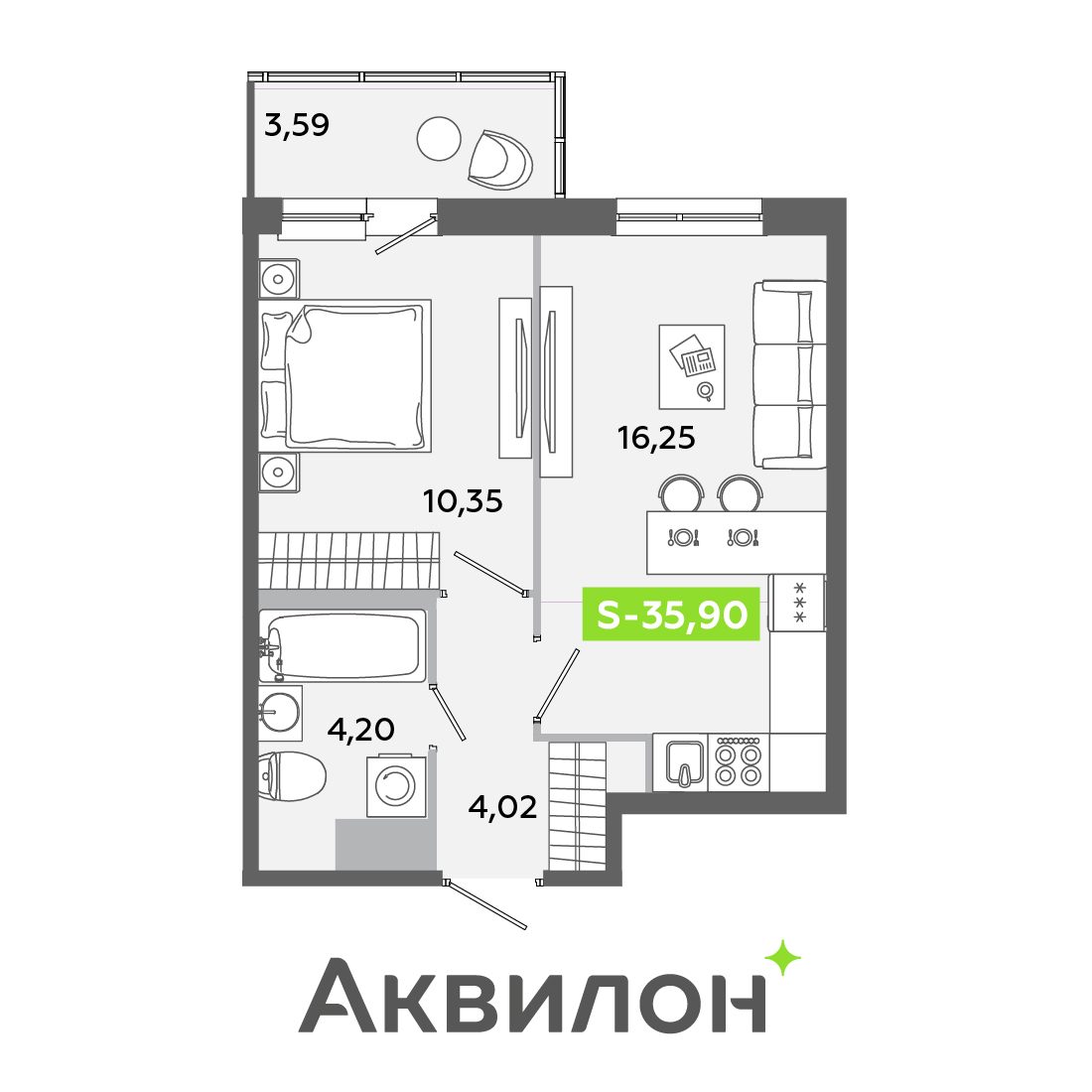 Планировка: 2-комнатная квартира, 35,9 м²