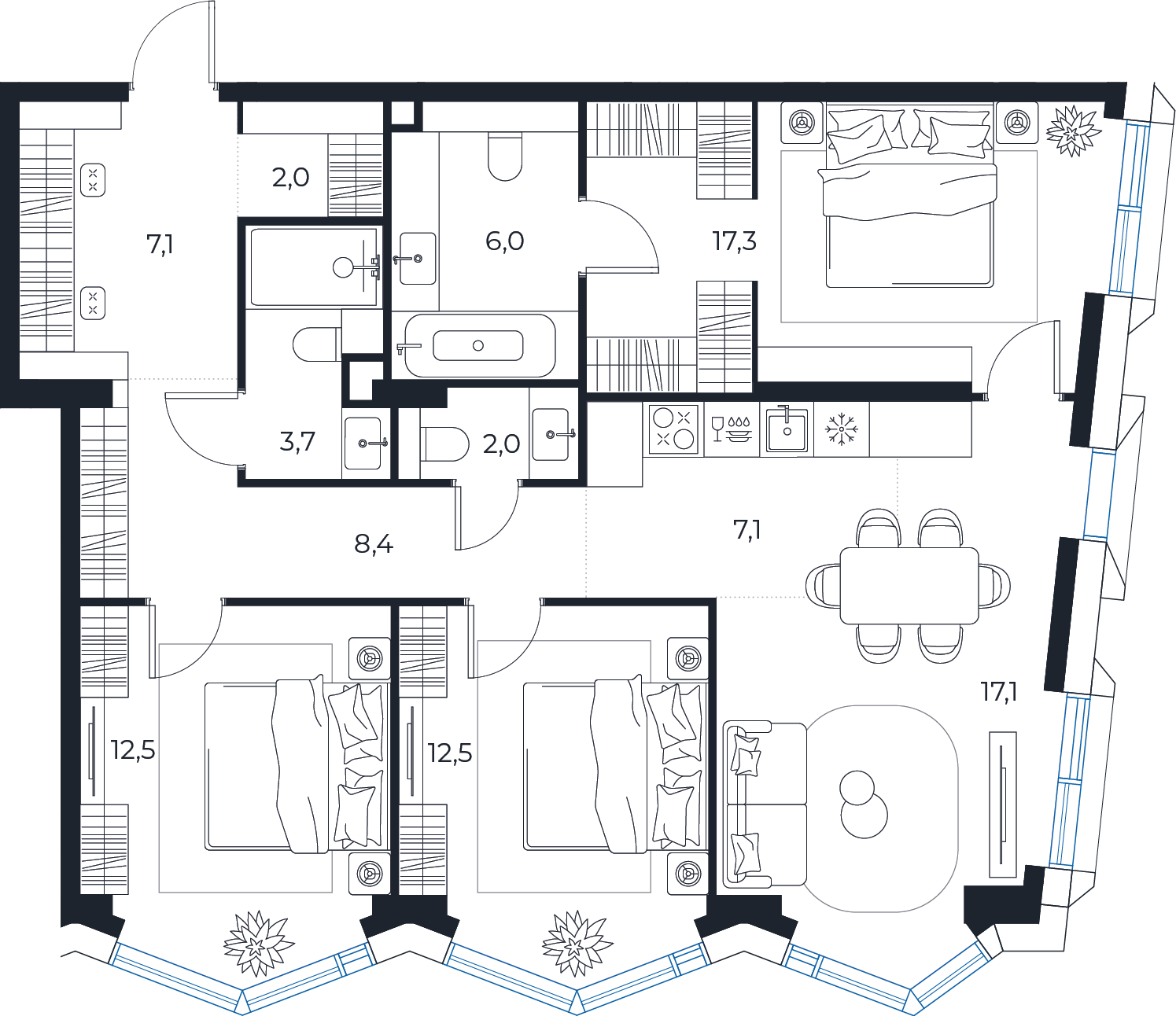 Планировка: 3-комнатная квартира, 95,7 м²