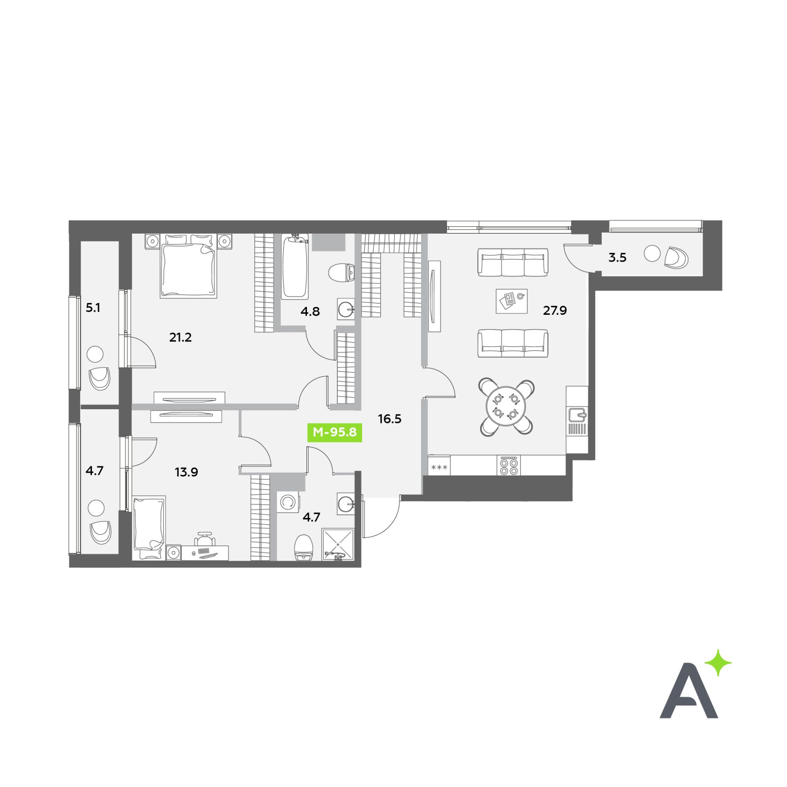 Планировка: 3-комнатная квартира, 95,8 м²