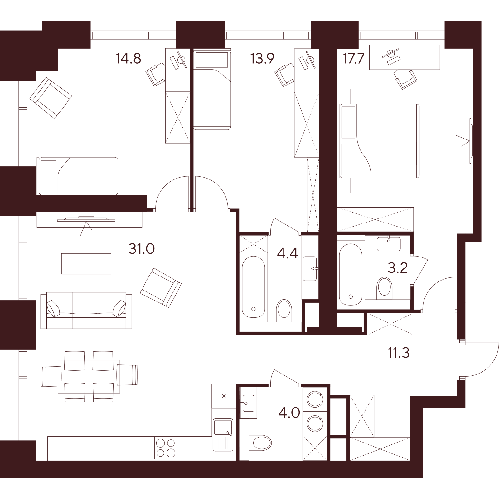 Планировка: 4-комнатная квартира, 100,3 м²