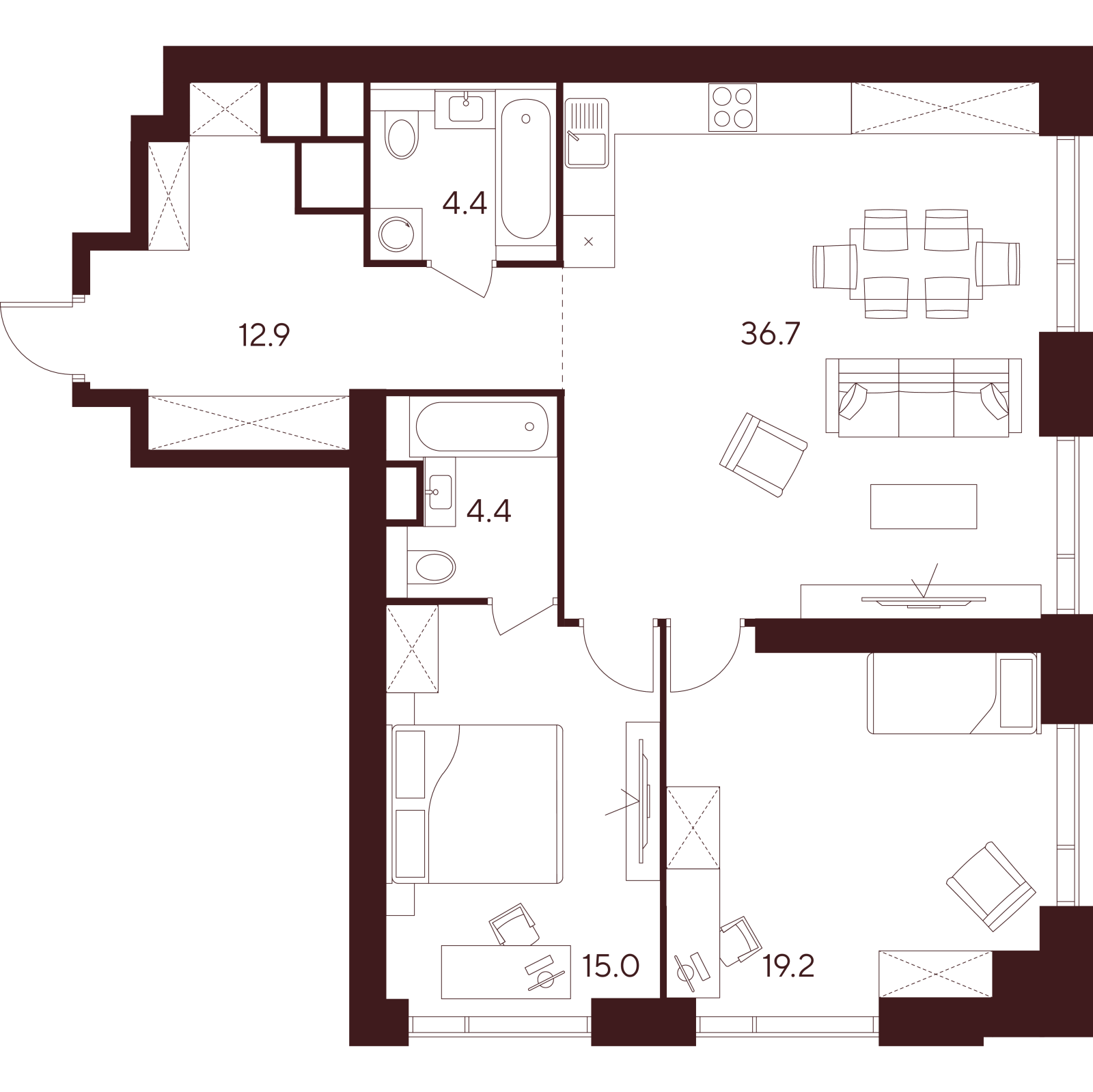 Планировка: 3-комнатная квартира, 92,6 м²