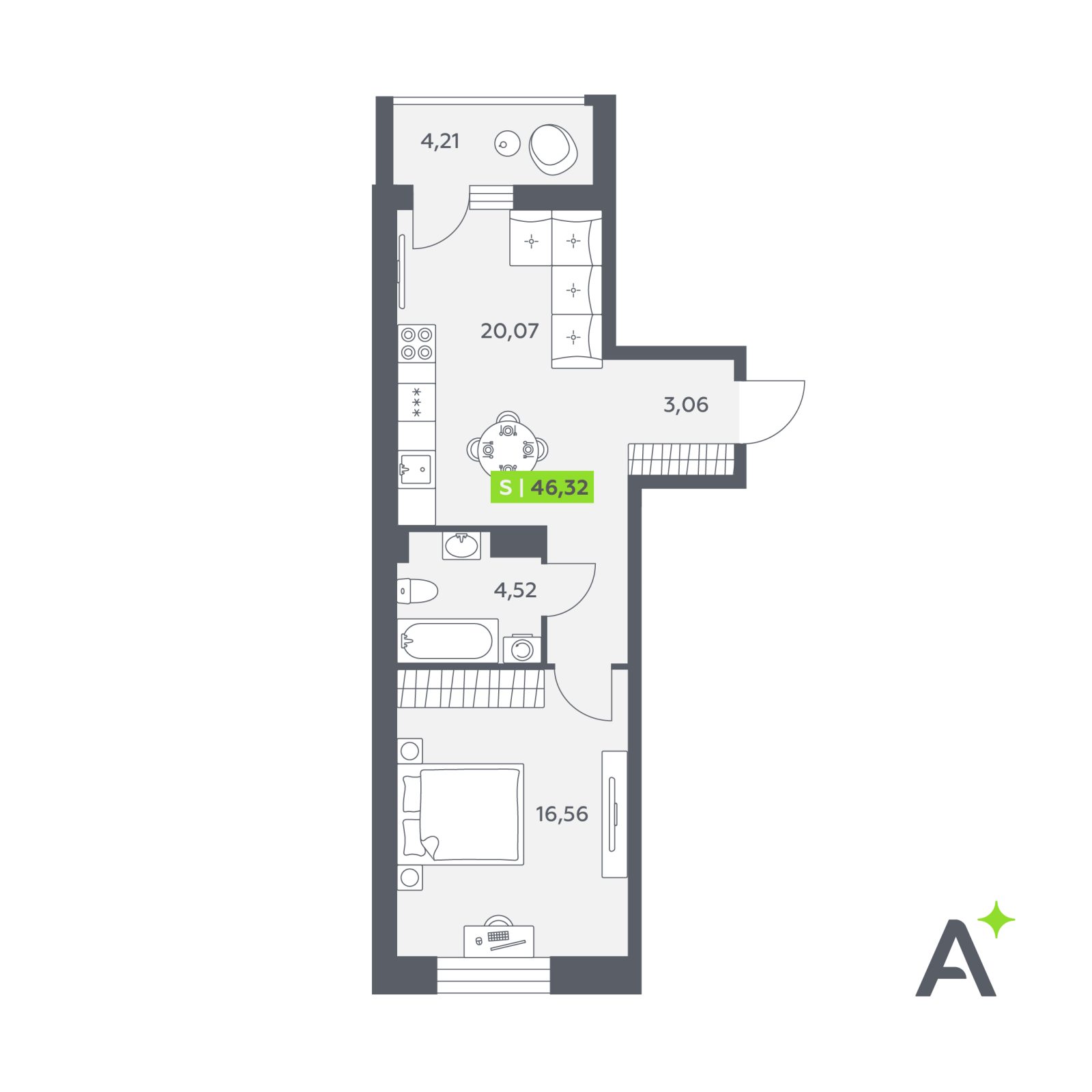 Планировка: 2-комнатная квартира, 46,3 м²