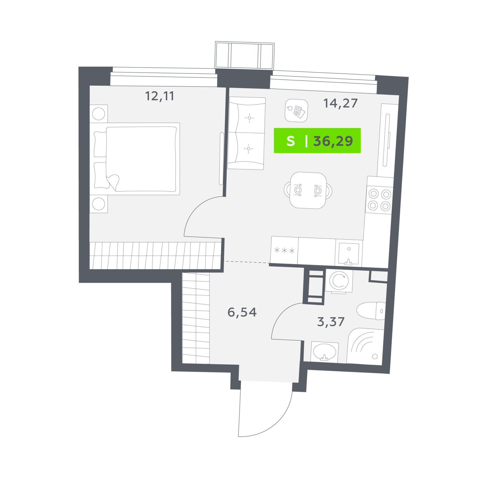 Планировка: 2-комнатная квартира, 36,3 м²