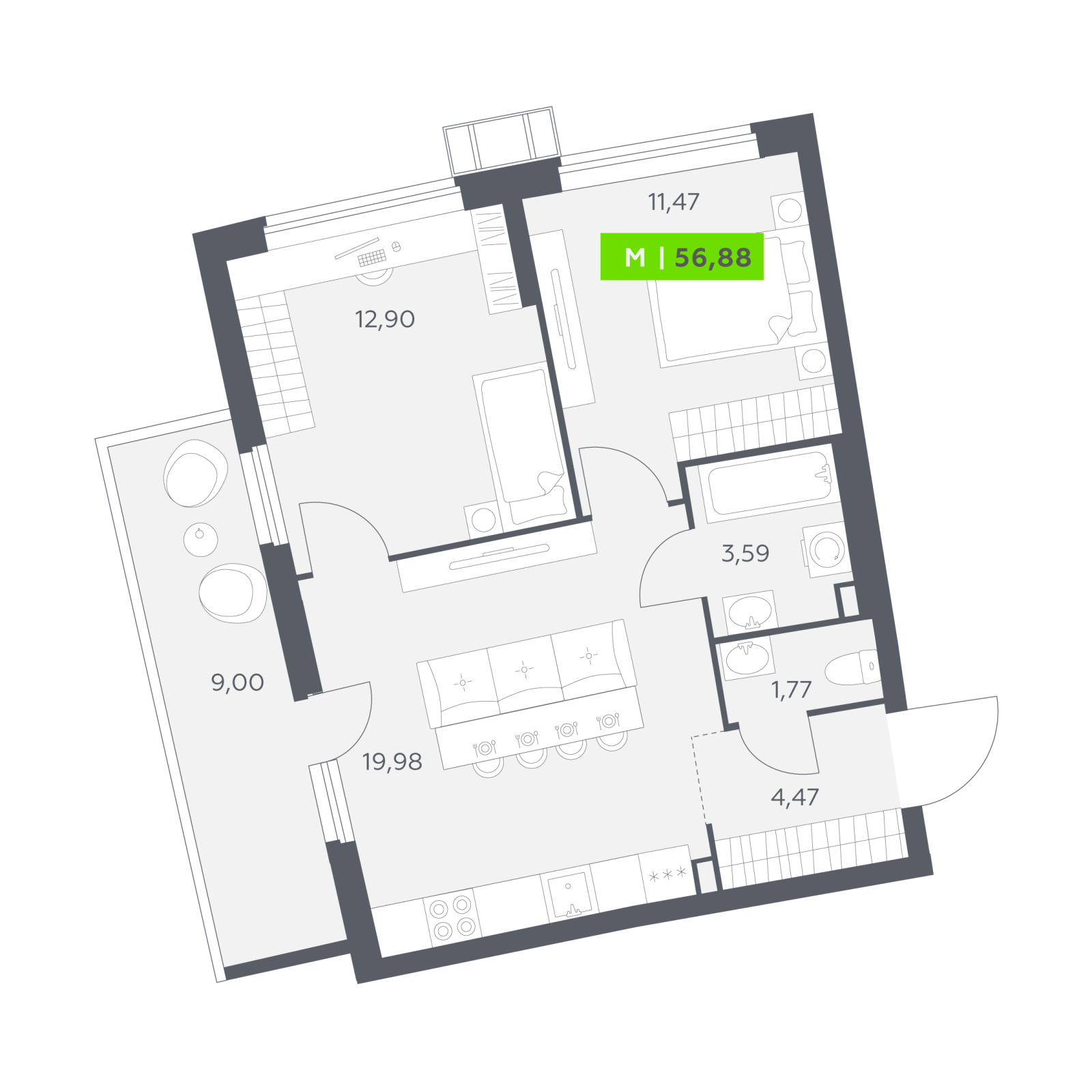 Планировка: 3-комнатная квартира, 56,9 м²