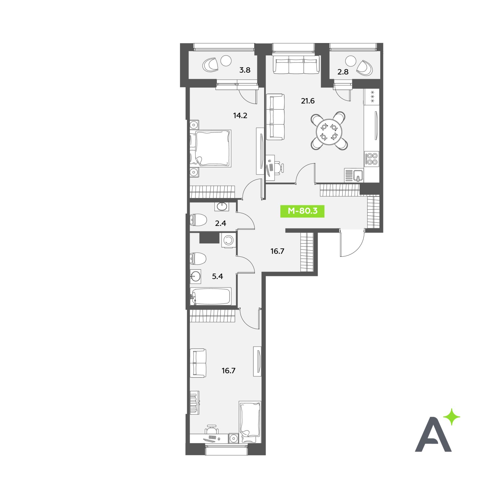 Планировка: 3-комнатная квартира, 80,3 м²