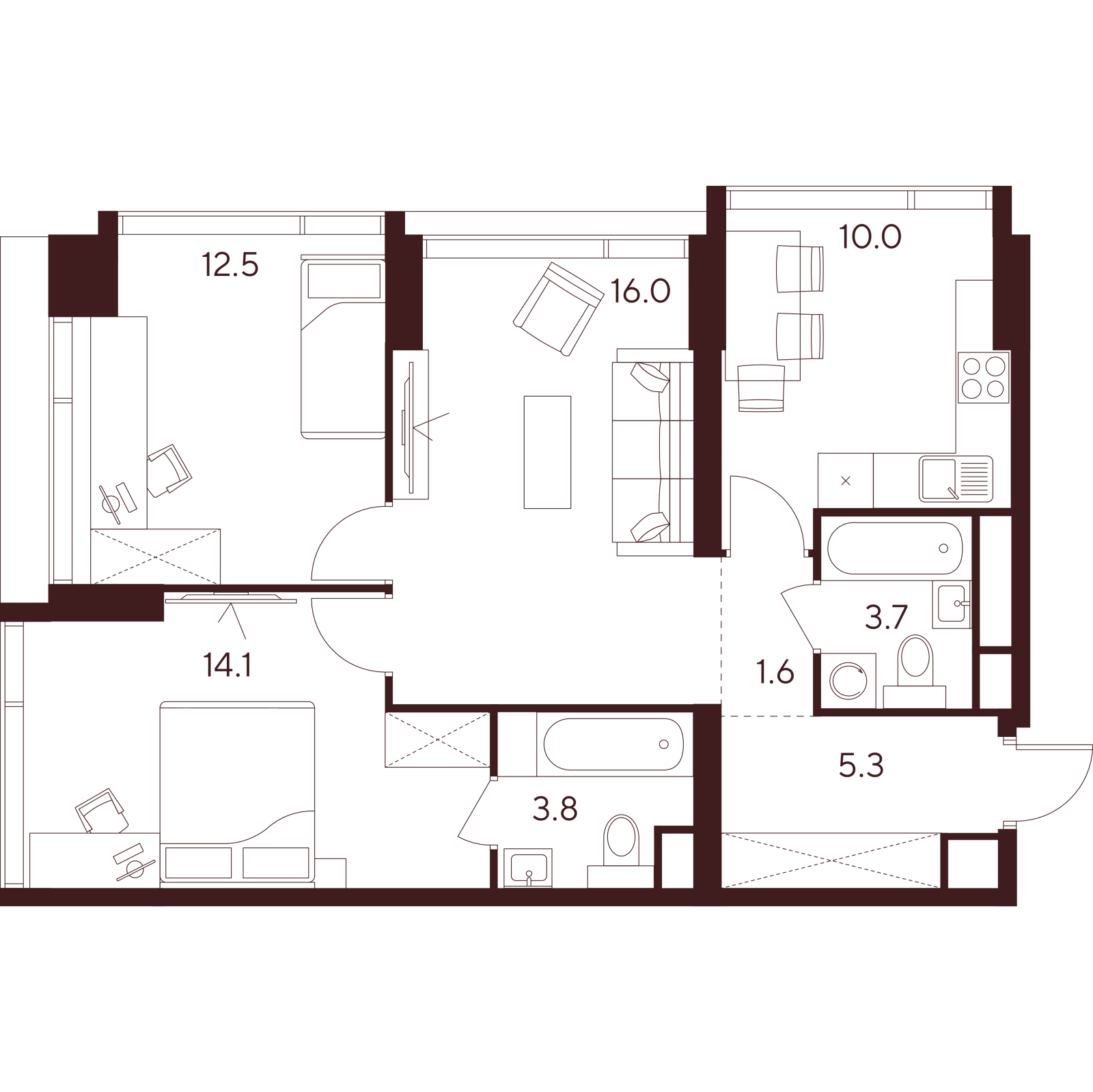 Планировка: 3-комнатная квартира, 67,0 м²
