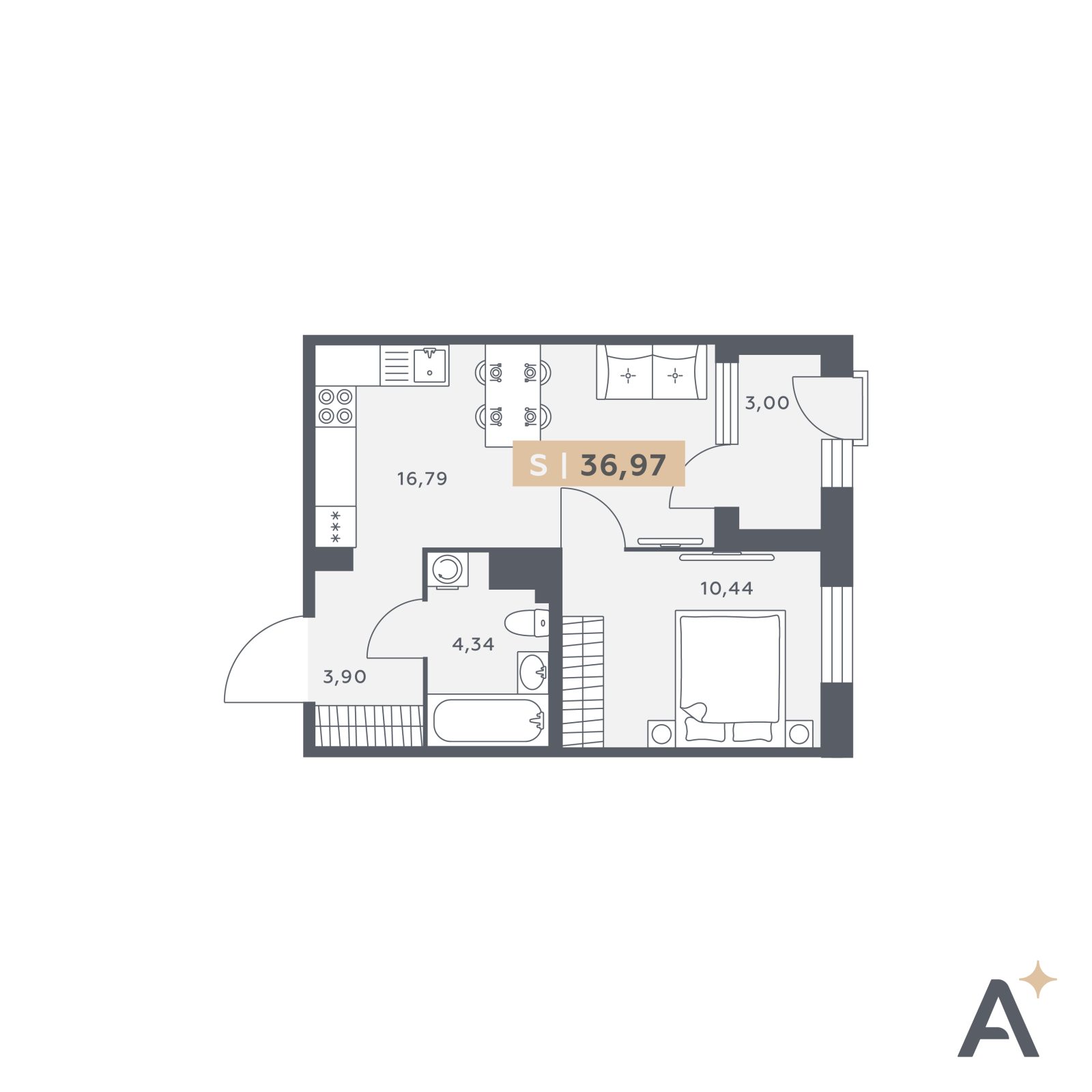 Планировка: 2-комнатная квартира, 37,0 м²