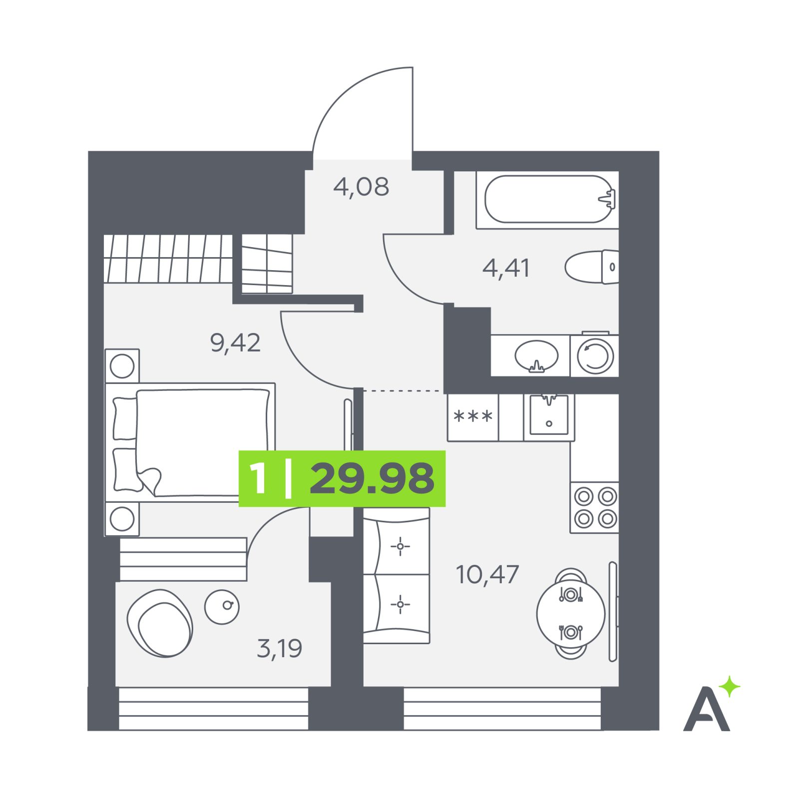 Планировка: 1-комнатная квартира, 30,0 м²