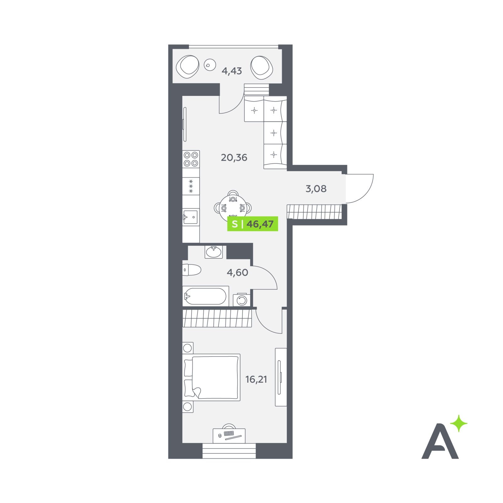 Планировка: 2-комнатная квартира, 46,5 м²
