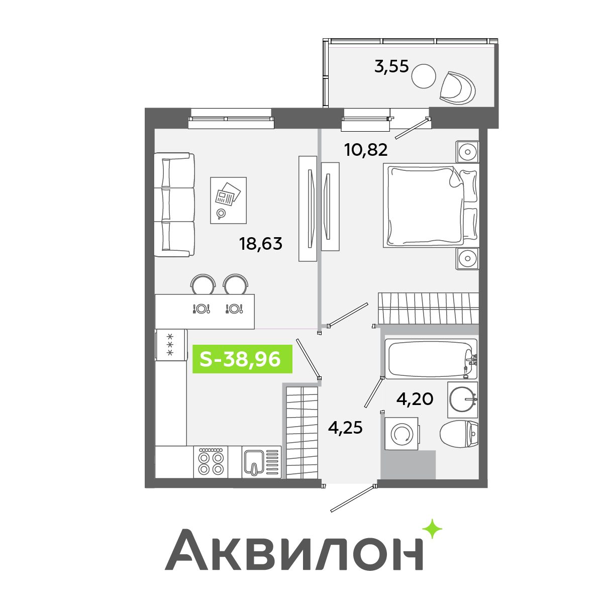 Планировка: 2-комнатная квартира, 39,0 м²