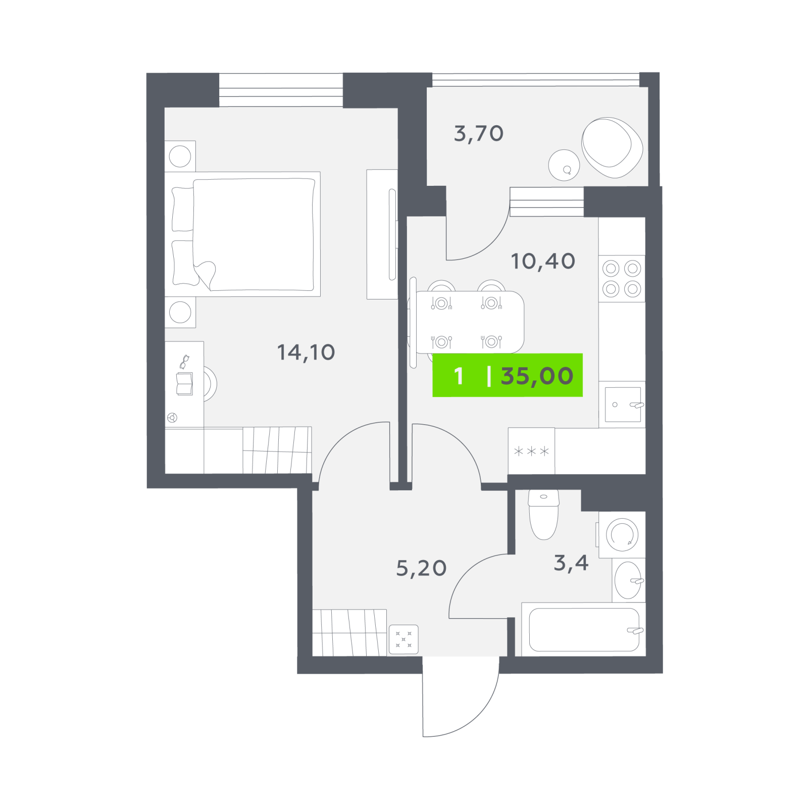 Планировка: 1-комнатная квартира, 35,0 м²